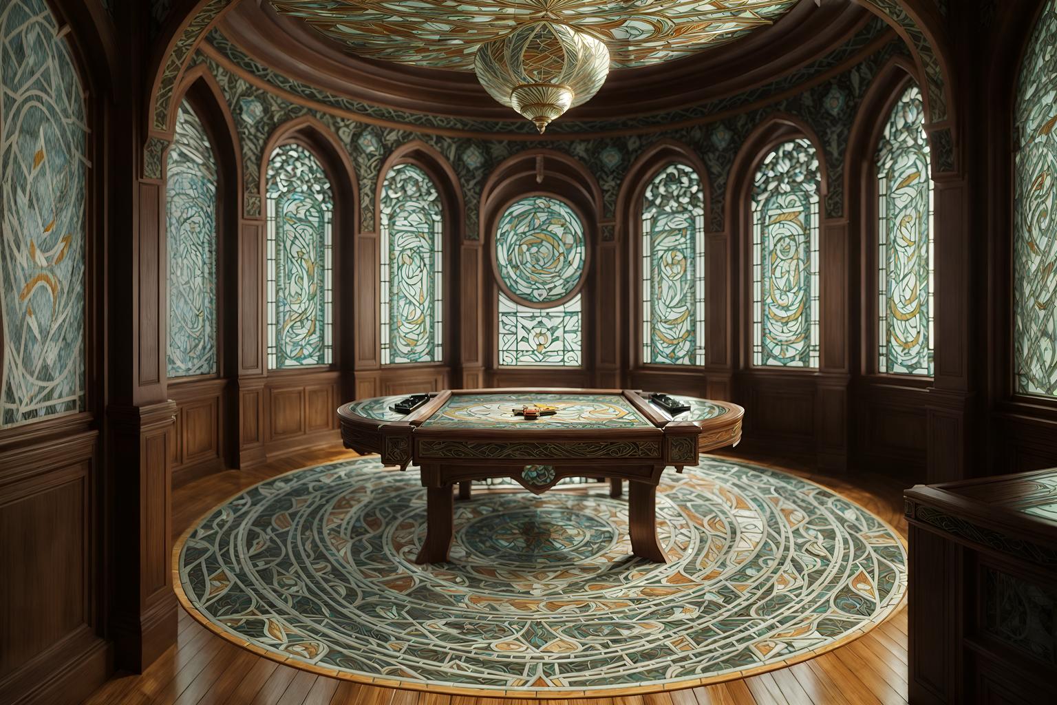 art nouveau-style (gaming room interior) . with wallpaper patterns of feathers and soft, rounded lines and mosaics and curved glass and arches and curved forms and asymmetrical shapes and natural materials and ashy colors. . cinematic photo, highly detailed, cinematic lighting, ultra-detailed, ultrarealistic, photorealism, 8k. art nouveau interior design style. masterpiece, cinematic light, ultrarealistic+, photorealistic+, 8k, raw photo, realistic, sharp focus on eyes, (symmetrical eyes), (intact eyes), hyperrealistic, highest quality, best quality, , highly detailed, masterpiece, best quality, extremely detailed 8k wallpaper, masterpiece, best quality, ultra-detailed, best shadow, detailed background, detailed face, detailed eyes, high contrast, best illumination, detailed face, dulux, caustic, dynamic angle, detailed glow. dramatic lighting. highly detailed, insanely detailed hair, symmetrical, intricate details, professionally retouched, 8k high definition. strong bokeh. award winning photo.