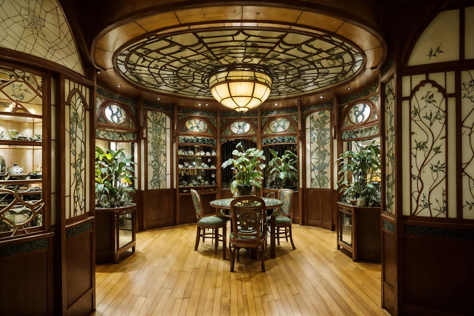 art nouveau-style (clothing store interior) . with curving, plant-like embellishments and ashy colors and japanese motifs and mosaics and curved glass and asymmetrical shapes and wallpaper pattners of spider webs and natural materials. . cinematic photo, highly detailed, cinematic lighting, ultra-detailed, ultrarealistic, photorealism, 8k. art nouveau interior design style. masterpiece, cinematic light, ultrarealistic+, photorealistic+, 8k, raw photo, realistic, sharp focus on eyes, (symmetrical eyes), (intact eyes), hyperrealistic, highest quality, best quality, , highly detailed, masterpiece, best quality, extremely detailed 8k wallpaper, masterpiece, best quality, ultra-detailed, best shadow, detailed background, detailed face, detailed eyes, high contrast, best illumination, detailed face, dulux, caustic, dynamic angle, detailed glow. dramatic lighting. highly detailed, insanely detailed hair, symmetrical, intricate details, professionally retouched, 8k high definition. strong bokeh. award winning photo.