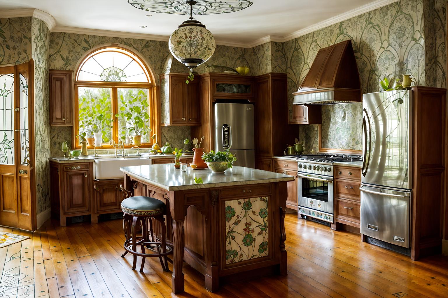 art nouveau-style (kitchen living combo interior) with rug and stove and sink and kitchen cabinets and occasional tables and refrigerator and furniture and worktops. . with soft, rounded lines and stained glass and wallpaper patterns of stylized flowers and curving, plant-like embellishments and wallpaper pattners of spider webs and curved glass and asymmetrical shapes and arches and curved forms. . cinematic photo, highly detailed, cinematic lighting, ultra-detailed, ultrarealistic, photorealism, 8k. art nouveau interior design style. masterpiece, cinematic light, ultrarealistic+, photorealistic+, 8k, raw photo, realistic, sharp focus on eyes, (symmetrical eyes), (intact eyes), hyperrealistic, highest quality, best quality, , highly detailed, masterpiece, best quality, extremely detailed 8k wallpaper, masterpiece, best quality, ultra-detailed, best shadow, detailed background, detailed face, detailed eyes, high contrast, best illumination, detailed face, dulux, caustic, dynamic angle, detailed glow. dramatic lighting. highly detailed, insanely detailed hair, symmetrical, intricate details, professionally retouched, 8k high definition. strong bokeh. award winning photo.