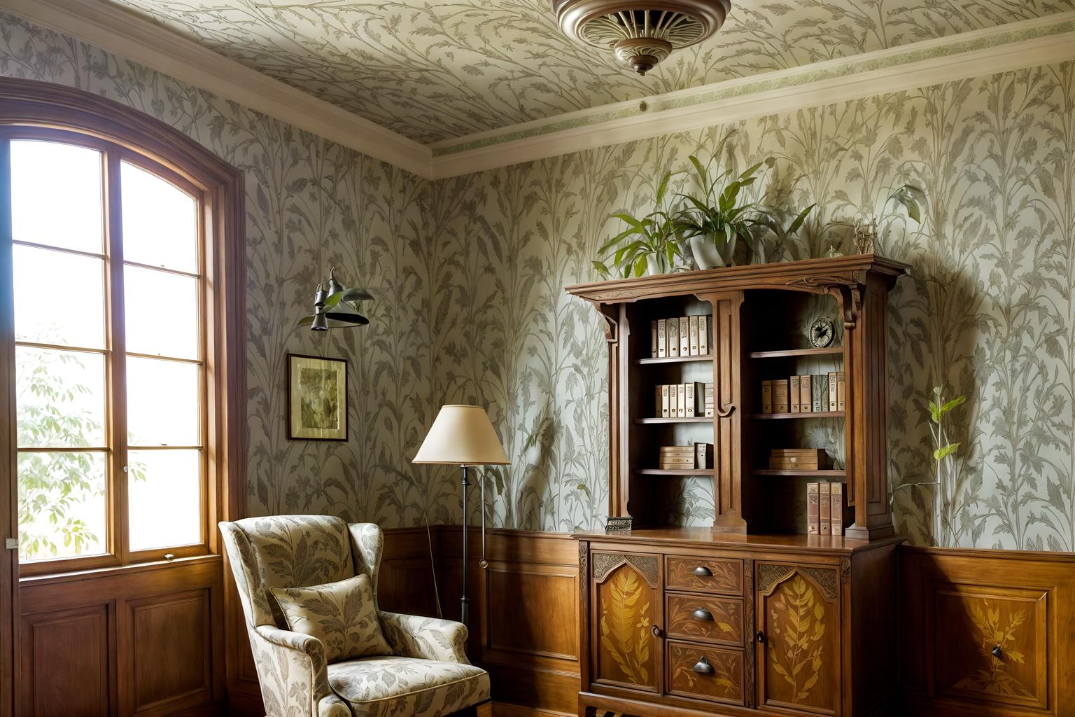 art nouveau-style (study room interior) with cabinets and writing desk and office chair and lounge chair and desk lamp and plant and bookshelves and cabinets. . with wallpaper patterns of feathers and wallpaper patterns of stylized flowers and arches and curved forms and ashy colors and natural materials and wallpaper pattners of spider webs and soft, rounded lines and curving, plant-like embellishments. . cinematic photo, highly detailed, cinematic lighting, ultra-detailed, ultrarealistic, photorealism, 8k. art nouveau interior design style. masterpiece, cinematic light, ultrarealistic+, photorealistic+, 8k, raw photo, realistic, sharp focus on eyes, (symmetrical eyes), (intact eyes), hyperrealistic, highest quality, best quality, , highly detailed, masterpiece, best quality, extremely detailed 8k wallpaper, masterpiece, best quality, ultra-detailed, best shadow, detailed background, detailed face, detailed eyes, high contrast, best illumination, detailed face, dulux, caustic, dynamic angle, detailed glow. dramatic lighting. highly detailed, insanely detailed hair, symmetrical, intricate details, professionally retouched, 8k high definition. strong bokeh. award winning photo.