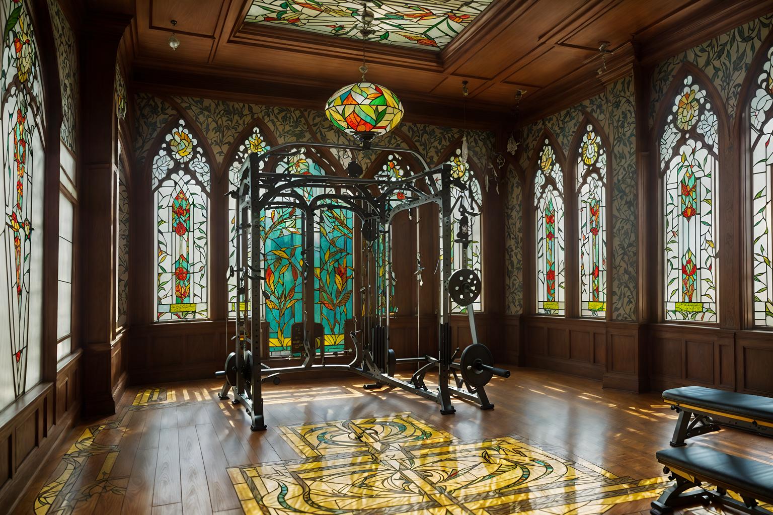 art nouveau-style (fitness gym interior) with squat rack and exercise bicycle and crosstrainer and bench press and dumbbell stand and squat rack. . with wallpaper patterns of feathers and curved glass and asymmetrical shapes and curving, plant-like embellishments and stained glass and stained glass and wallpaper pattners of spider webs and mosaics. . cinematic photo, highly detailed, cinematic lighting, ultra-detailed, ultrarealistic, photorealism, 8k. art nouveau interior design style. masterpiece, cinematic light, ultrarealistic+, photorealistic+, 8k, raw photo, realistic, sharp focus on eyes, (symmetrical eyes), (intact eyes), hyperrealistic, highest quality, best quality, , highly detailed, masterpiece, best quality, extremely detailed 8k wallpaper, masterpiece, best quality, ultra-detailed, best shadow, detailed background, detailed face, detailed eyes, high contrast, best illumination, detailed face, dulux, caustic, dynamic angle, detailed glow. dramatic lighting. highly detailed, insanely detailed hair, symmetrical, intricate details, professionally retouched, 8k high definition. strong bokeh. award winning photo.