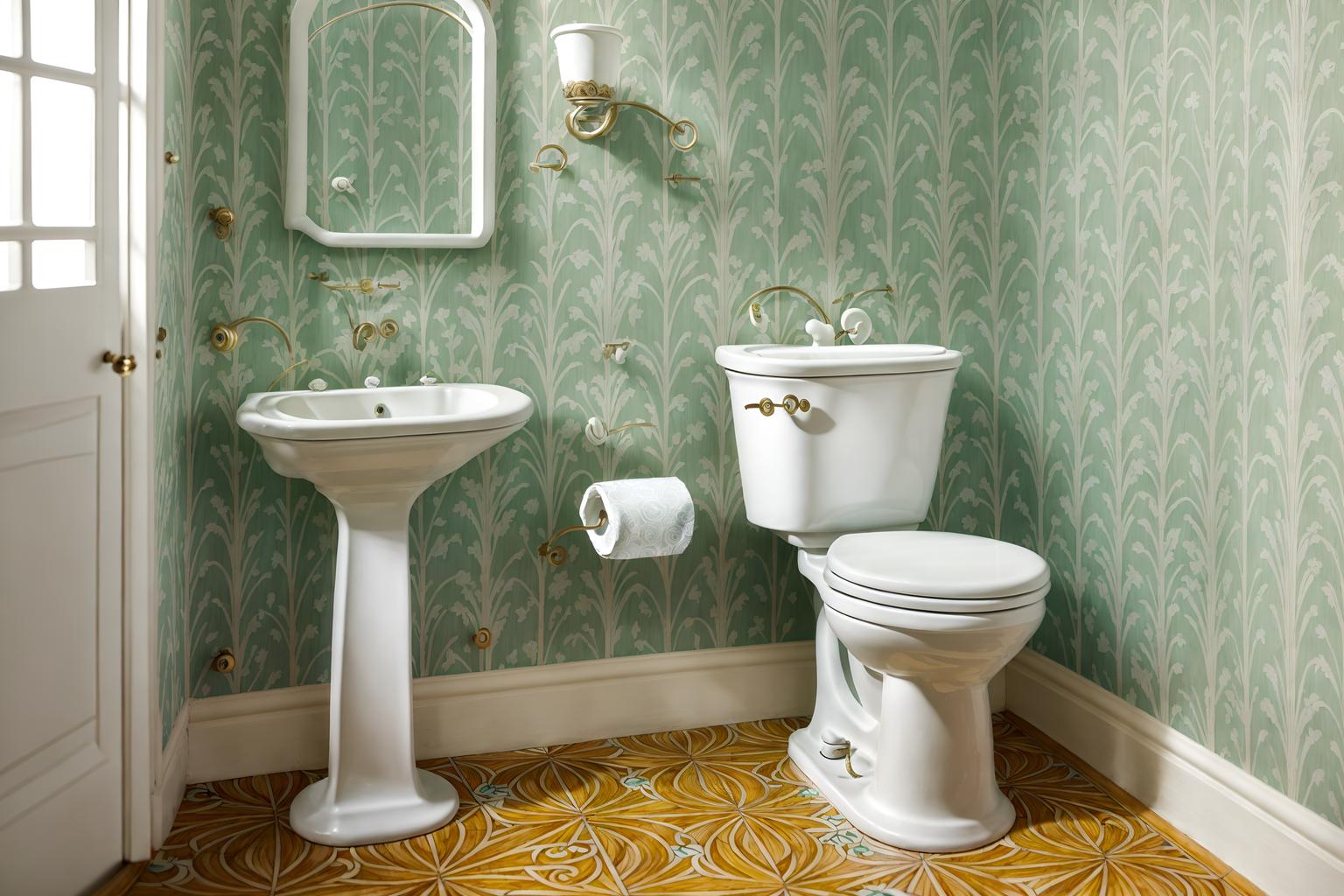 art nouveau-style (toilet interior) with toilet paper hanger and toilet with toilet seat up and sink with tap and toilet paper hanger. . with arches and curved forms and japanese motifs and mosaics and curving, plant-like embellishments and wallpaper patterns of stylized flowers and asymmetrical shapes and stained glass and ashy colors. . cinematic photo, highly detailed, cinematic lighting, ultra-detailed, ultrarealistic, photorealism, 8k. art nouveau interior design style. masterpiece, cinematic light, ultrarealistic+, photorealistic+, 8k, raw photo, realistic, sharp focus on eyes, (symmetrical eyes), (intact eyes), hyperrealistic, highest quality, best quality, , highly detailed, masterpiece, best quality, extremely detailed 8k wallpaper, masterpiece, best quality, ultra-detailed, best shadow, detailed background, detailed face, detailed eyes, high contrast, best illumination, detailed face, dulux, caustic, dynamic angle, detailed glow. dramatic lighting. highly detailed, insanely detailed hair, symmetrical, intricate details, professionally retouched, 8k high definition. strong bokeh. award winning photo.