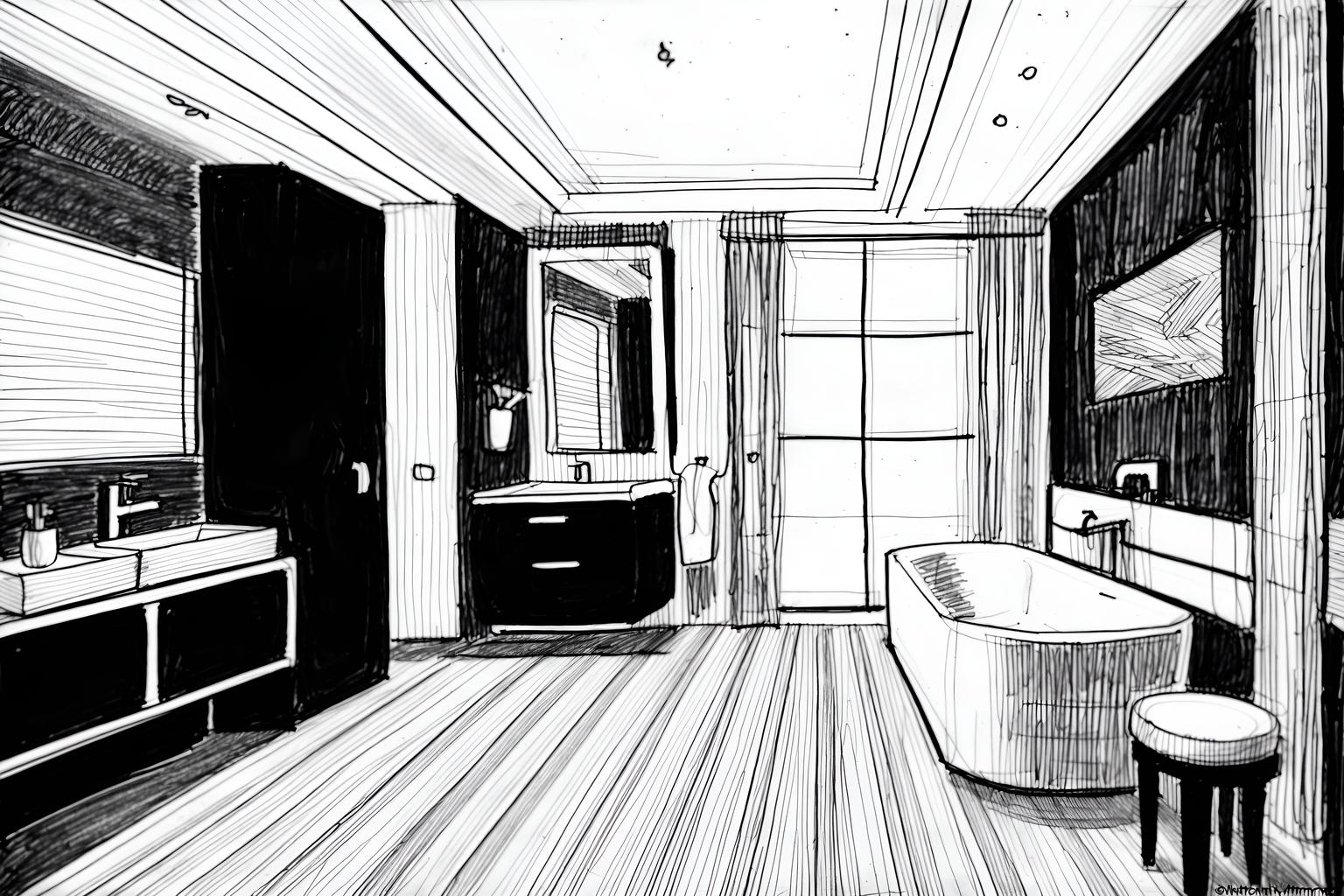 (hand-drawn monochrome black and white sketch line drawing)++ of sketch-style (bathroom) apartment interior. a sketch of interior. with . . a sketch of interior. with bathroom cabinet and bathroom sink with faucet and bathtub. trending on artstation. black and white line drawing sketch without colors. masterpiece, cinematic light, ultrarealistic+, photorealistic+, 8k, raw photo, realistic, sharp focus on eyes, (symmetrical eyes), (intact eyes), hyperrealistic, highest quality, best quality, , highly detailed, masterpiece, best quality, extremely detailed 8k wallpaper, masterpiece, best quality, ultra-detailed, best shadow, detailed background, detailed face, detailed eyes, high contrast, best illumination, detailed face, dulux, caustic, dynamic angle, detailed glow. dramatic lighting. highly detailed, insanely detailed hair, symmetrical, intricate details, professionally retouched, 8k high definition. strong bokeh. award winning photo.