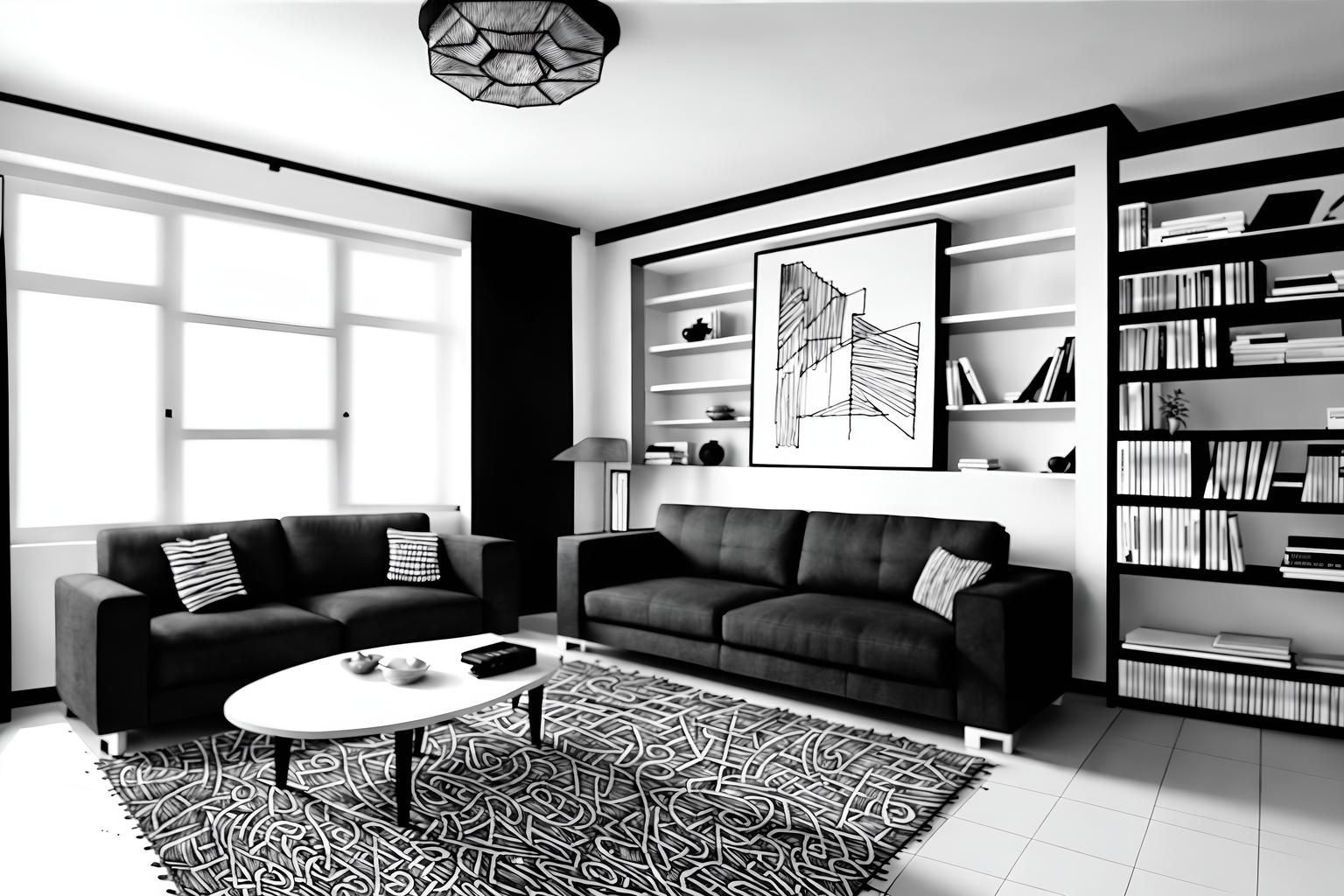 (hand-drawn monochrome black and white sketch line drawing)++ of sketch-style (living room) apartment interior. a sketch of interior. with . . a sketch of interior. with occasional tables and sofa and bookshelves. trending on artstation. black and white line drawing sketch without colors. masterpiece, cinematic light, ultrarealistic+, photorealistic+, 8k, raw photo, realistic, sharp focus on eyes, (symmetrical eyes), (intact eyes), hyperrealistic, highest quality, best quality, , highly detailed, masterpiece, best quality, extremely detailed 8k wallpaper, masterpiece, best quality, ultra-detailed, best shadow, detailed background, detailed face, detailed eyes, high contrast, best illumination, detailed face, dulux, caustic, dynamic angle, detailed glow. dramatic lighting. highly detailed, insanely detailed hair, symmetrical, intricate details, professionally retouched, 8k high definition. strong bokeh. award winning photo.