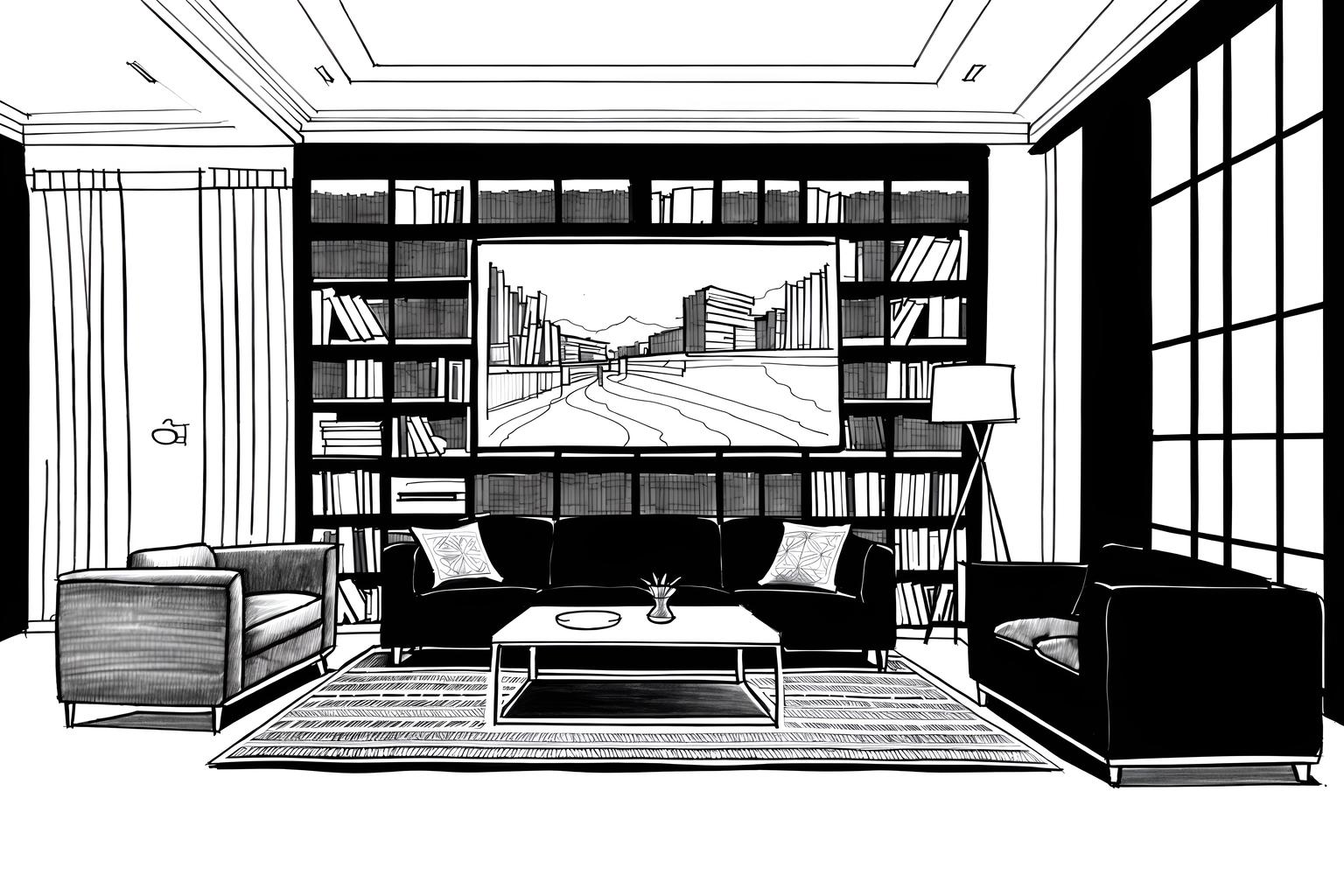 (hand-drawn monochrome black and white sketch line drawing)++ of sketch-style (living room) apartment interior. a sketch of interior. with . . a sketch of interior. with occasional tables and sofa and bookshelves. trending on artstation. black and white line drawing sketch without colors. masterpiece, cinematic light, ultrarealistic+, photorealistic+, 8k, raw photo, realistic, sharp focus on eyes, (symmetrical eyes), (intact eyes), hyperrealistic, highest quality, best quality, , highly detailed, masterpiece, best quality, extremely detailed 8k wallpaper, masterpiece, best quality, ultra-detailed, best shadow, detailed background, detailed face, detailed eyes, high contrast, best illumination, detailed face, dulux, caustic, dynamic angle, detailed glow. dramatic lighting. highly detailed, insanely detailed hair, symmetrical, intricate details, professionally retouched, 8k high definition. strong bokeh. award winning photo.