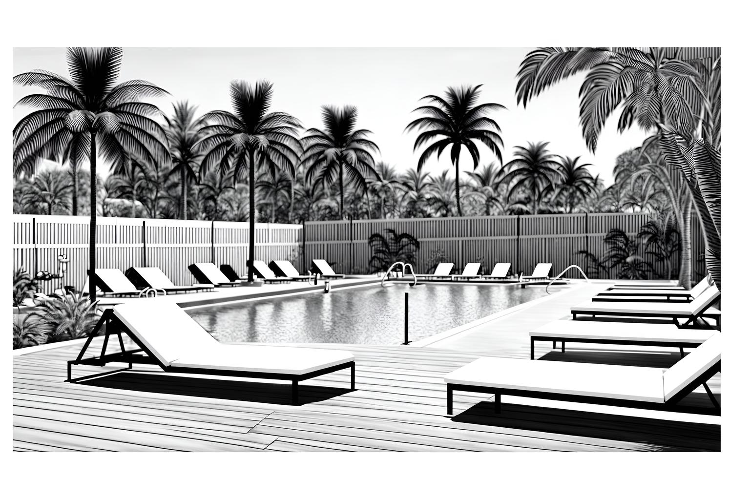 (hand-drawn monochrome black and white sketch line drawing)++ of sketch-style designed (outdoor pool area) . a sketch of . with . . a sketch of . with pool lounge chairs and pool and pool lights. trending on artstation. black and white line drawing sketch without colors. masterpiece, cinematic light, ultrarealistic+, photorealistic+, 8k, raw photo, realistic, sharp focus on eyes, (symmetrical eyes), (intact eyes), hyperrealistic, highest quality, best quality, , highly detailed, masterpiece, best quality, extremely detailed 8k wallpaper, masterpiece, best quality, ultra-detailed, best shadow, detailed background, detailed face, detailed eyes, high contrast, best illumination, detailed face, dulux, caustic, dynamic angle, detailed glow. dramatic lighting. highly detailed, insanely detailed hair, symmetrical, intricate details, professionally retouched, 8k high definition. strong bokeh. award winning photo.