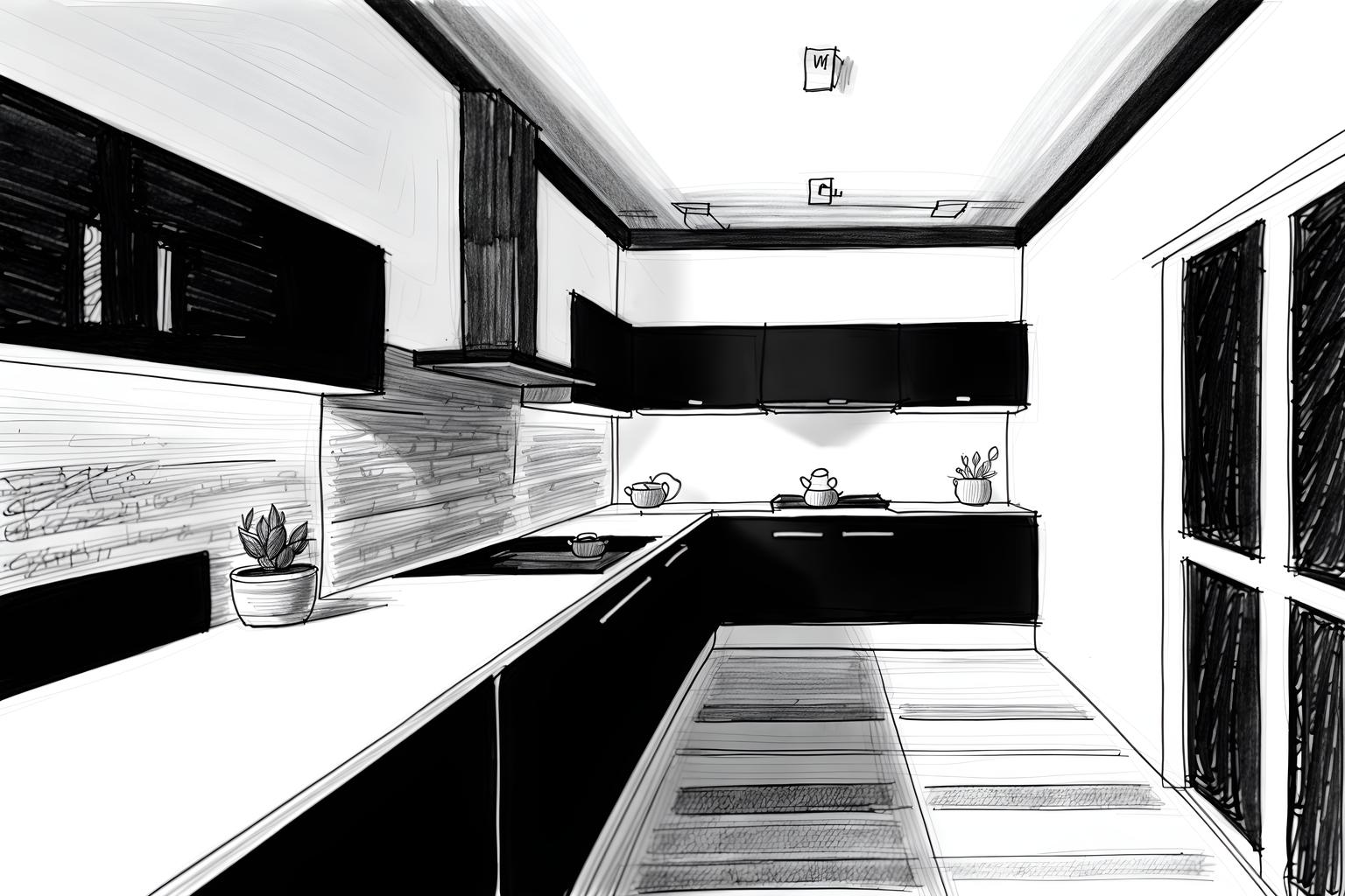 (hand-drawn monochrome black and white sketch line drawing)++ of sketch-style (kitchen living combo) apartment interior. a sketch of interior. with . . a sketch of interior. with worktops and plant and sink. trending on artstation. black and white line drawing sketch without colors. masterpiece, cinematic light, ultrarealistic+, photorealistic+, 8k, raw photo, realistic, sharp focus on eyes, (symmetrical eyes), (intact eyes), hyperrealistic, highest quality, best quality, , highly detailed, masterpiece, best quality, extremely detailed 8k wallpaper, masterpiece, best quality, ultra-detailed, best shadow, detailed background, detailed face, detailed eyes, high contrast, best illumination, detailed face, dulux, caustic, dynamic angle, detailed glow. dramatic lighting. highly detailed, insanely detailed hair, symmetrical, intricate details, professionally retouched, 8k high definition. strong bokeh. award winning photo.