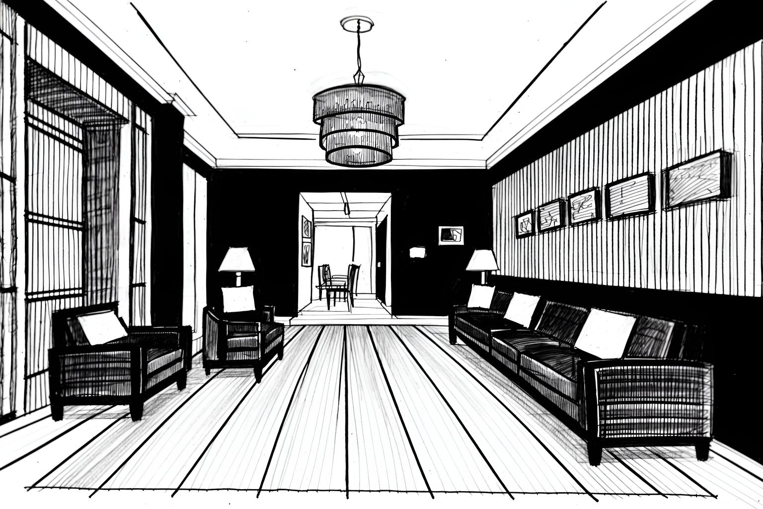 (hand-drawn monochrome black and white sketch line drawing)++ of sketch-style (hotel lobby) apartment interior. a sketch of interior. with . . a sketch of interior. with hanging lamps and check in desk and sofas. trending on artstation. black and white line drawing sketch without colors. masterpiece, cinematic light, ultrarealistic+, photorealistic+, 8k, raw photo, realistic, sharp focus on eyes, (symmetrical eyes), (intact eyes), hyperrealistic, highest quality, best quality, , highly detailed, masterpiece, best quality, extremely detailed 8k wallpaper, masterpiece, best quality, ultra-detailed, best shadow, detailed background, detailed face, detailed eyes, high contrast, best illumination, detailed face, dulux, caustic, dynamic angle, detailed glow. dramatic lighting. highly detailed, insanely detailed hair, symmetrical, intricate details, professionally retouched, 8k high definition. strong bokeh. award winning photo.