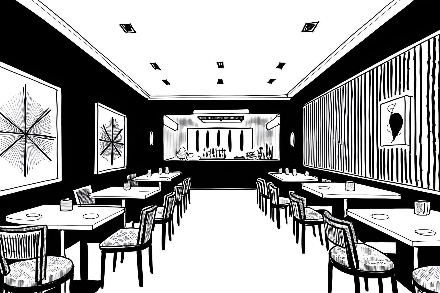 (hand-drawn monochrome black and white sketch line drawing)++ of sketch-style (restaurant) apartment interior. a sketch of interior. with . . a sketch of interior. with restaurant decor and restaurant bar and restaurant dining tables. trending on artstation. black and white line drawing sketch without colors. masterpiece, cinematic light, ultrarealistic+, photorealistic+, 8k, raw photo, realistic, sharp focus on eyes, (symmetrical eyes), (intact eyes), hyperrealistic, highest quality, best quality, , highly detailed, masterpiece, best quality, extremely detailed 8k wallpaper, masterpiece, best quality, ultra-detailed, best shadow, detailed background, detailed face, detailed eyes, high contrast, best illumination, detailed face, dulux, caustic, dynamic angle, detailed glow. dramatic lighting. highly detailed, insanely detailed hair, symmetrical, intricate details, professionally retouched, 8k high definition. strong bokeh. award winning photo.