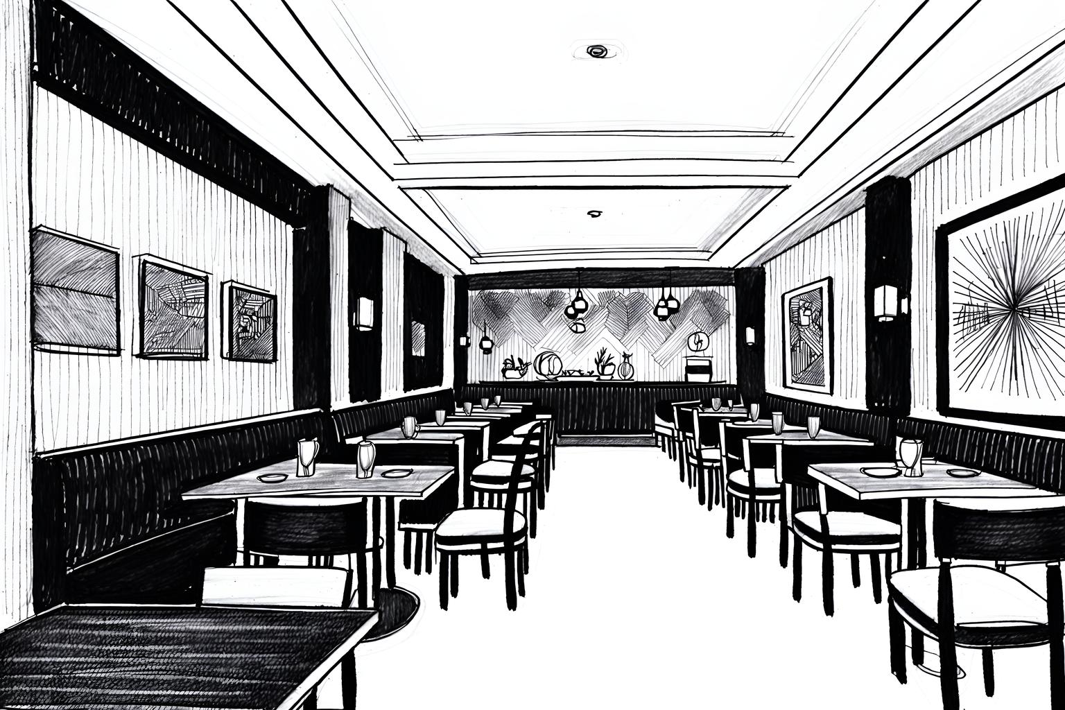 (hand-drawn monochrome black and white sketch line drawing)++ of sketch-style (restaurant) apartment interior. a sketch of interior. with . . a sketch of interior. with restaurant decor and restaurant bar and restaurant dining tables. trending on artstation. black and white line drawing sketch without colors. masterpiece, cinematic light, ultrarealistic+, photorealistic+, 8k, raw photo, realistic, sharp focus on eyes, (symmetrical eyes), (intact eyes), hyperrealistic, highest quality, best quality, , highly detailed, masterpiece, best quality, extremely detailed 8k wallpaper, masterpiece, best quality, ultra-detailed, best shadow, detailed background, detailed face, detailed eyes, high contrast, best illumination, detailed face, dulux, caustic, dynamic angle, detailed glow. dramatic lighting. highly detailed, insanely detailed hair, symmetrical, intricate details, professionally retouched, 8k high definition. strong bokeh. award winning photo.