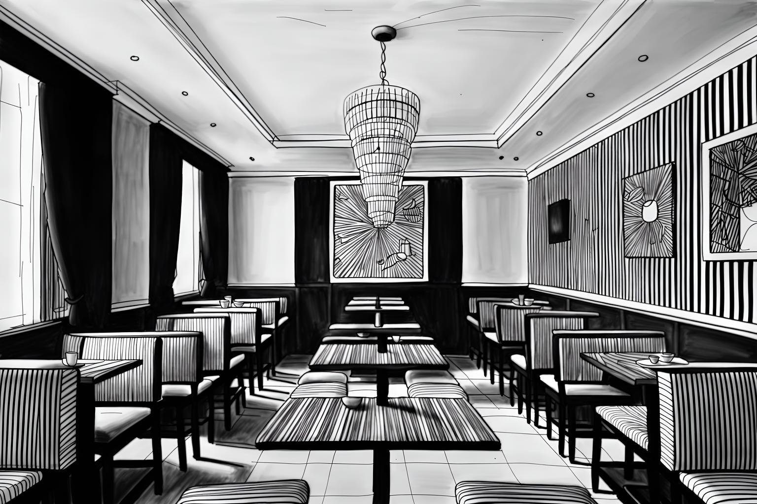 (hand-drawn monochrome black and white sketch line drawing)++ of sketch-style (restaurant) apartment interior. a sketch of interior. with . . a sketch of interior. with restaurant decor and restaurant bar and restaurant dining tables. trending on artstation. black and white line drawing sketch without colors. masterpiece, cinematic light, ultrarealistic+, photorealistic+, 8k, raw photo, realistic, sharp focus on eyes, (symmetrical eyes), (intact eyes), hyperrealistic, highest quality, best quality, , highly detailed, masterpiece, best quality, extremely detailed 8k wallpaper, masterpiece, best quality, ultra-detailed, best shadow, detailed background, detailed face, detailed eyes, high contrast, best illumination, detailed face, dulux, caustic, dynamic angle, detailed glow. dramatic lighting. highly detailed, insanely detailed hair, symmetrical, intricate details, professionally retouched, 8k high definition. strong bokeh. award winning photo.