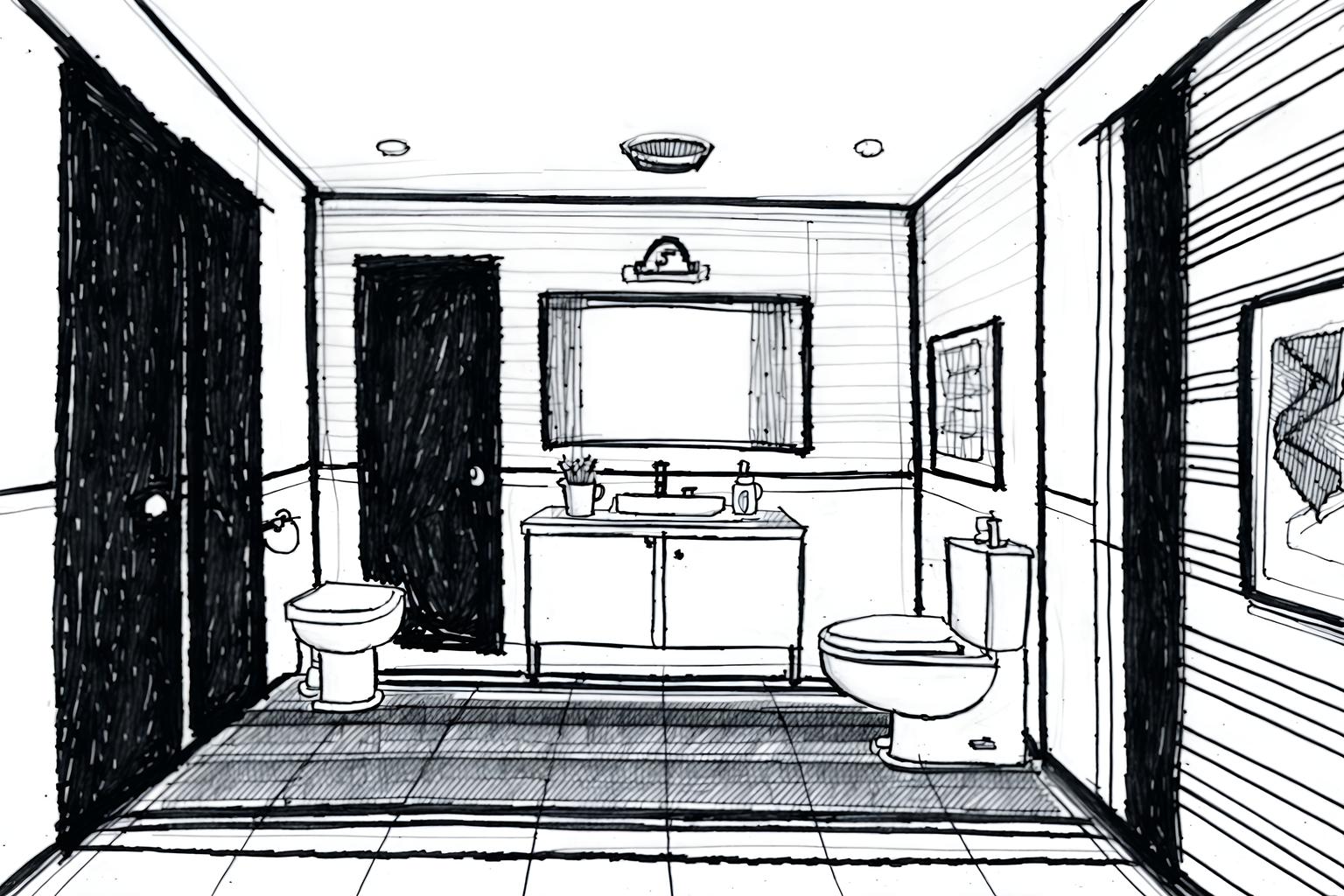 (hand-drawn monochrome black and white sketch line drawing)++ of sketch-style (toilet) apartment interior. a sketch of interior. with . . a sketch of interior. with sink with tap and toilet with toilet seat up and toilet paper hanger. trending on artstation. black and white line drawing sketch without colors. masterpiece, cinematic light, ultrarealistic+, photorealistic+, 8k, raw photo, realistic, sharp focus on eyes, (symmetrical eyes), (intact eyes), hyperrealistic, highest quality, best quality, , highly detailed, masterpiece, best quality, extremely detailed 8k wallpaper, masterpiece, best quality, ultra-detailed, best shadow, detailed background, detailed face, detailed eyes, high contrast, best illumination, detailed face, dulux, caustic, dynamic angle, detailed glow. dramatic lighting. highly detailed, insanely detailed hair, symmetrical, intricate details, professionally retouched, 8k high definition. strong bokeh. award winning photo.