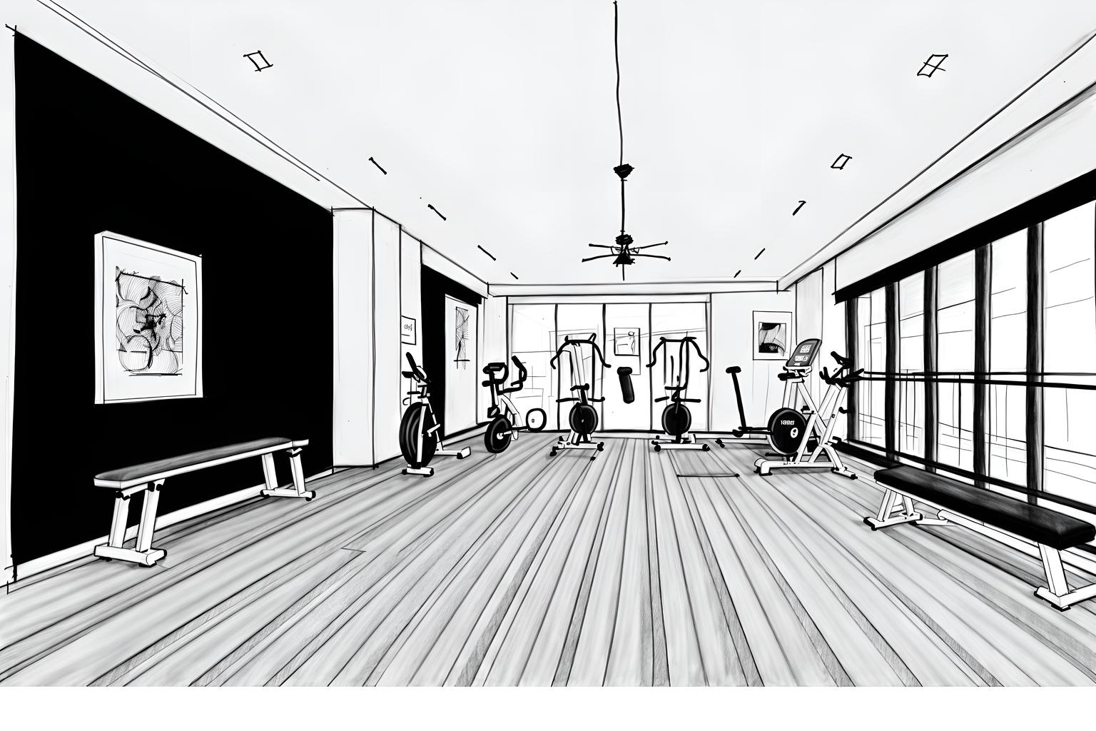 (hand-drawn monochrome black and white sketch line drawing)++ of sketch-style (fitness gym) apartment interior. a sketch of interior. with . . a sketch of interior. with dumbbell stand and exercise bicycle and bench press. trending on artstation. black and white line drawing sketch without colors. masterpiece, cinematic light, ultrarealistic+, photorealistic+, 8k, raw photo, realistic, sharp focus on eyes, (symmetrical eyes), (intact eyes), hyperrealistic, highest quality, best quality, , highly detailed, masterpiece, best quality, extremely detailed 8k wallpaper, masterpiece, best quality, ultra-detailed, best shadow, detailed background, detailed face, detailed eyes, high contrast, best illumination, detailed face, dulux, caustic, dynamic angle, detailed glow. dramatic lighting. highly detailed, insanely detailed hair, symmetrical, intricate details, professionally retouched, 8k high definition. strong bokeh. award winning photo.