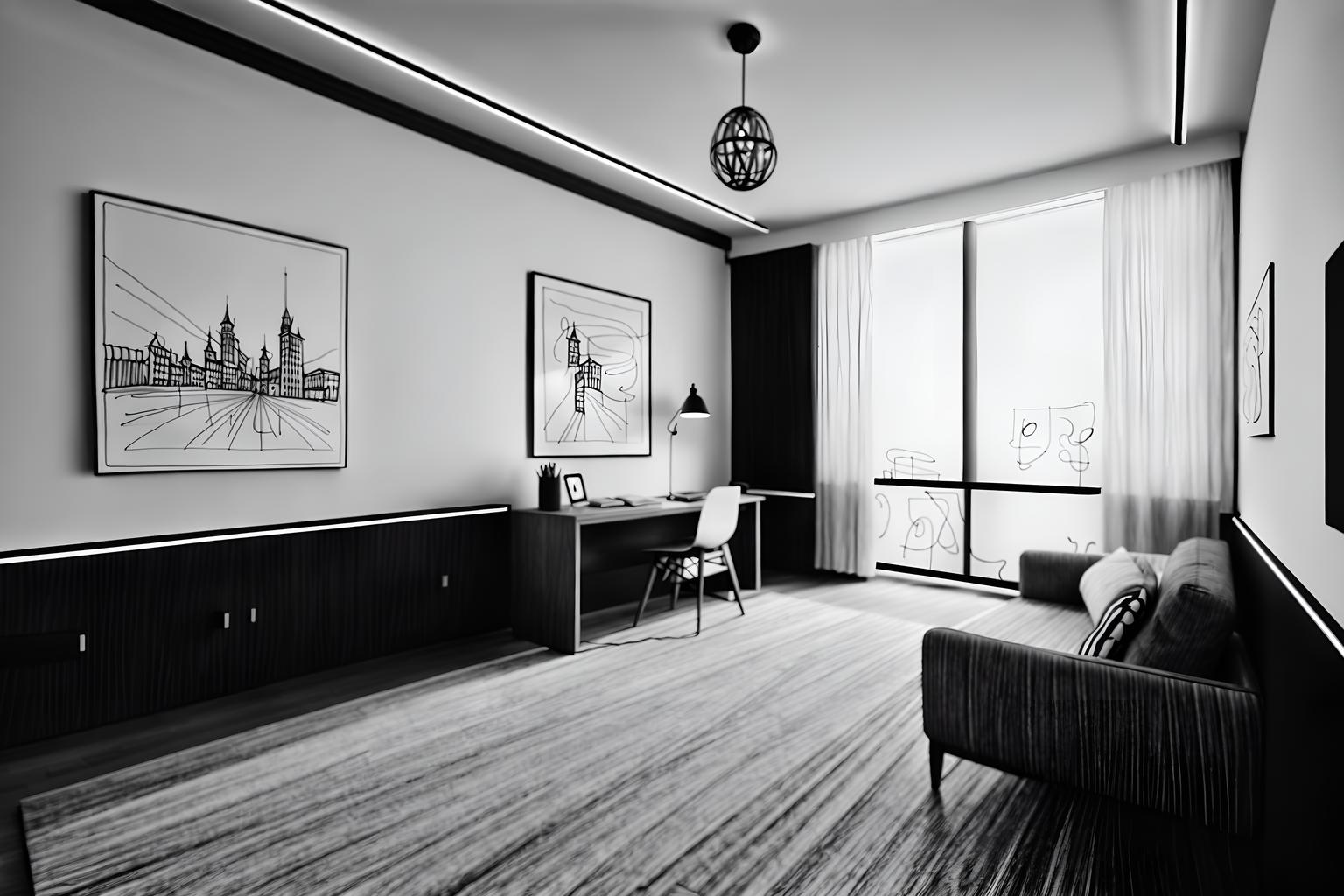 (hand-drawn monochrome black and white sketch line drawing)++ of sketch-style (study room) apartment interior. a sketch of interior. with . . a sketch of interior. with writing desk and desk lamp and lounge chair. trending on artstation. black and white line drawing sketch without colors. masterpiece, cinematic light, ultrarealistic+, photorealistic+, 8k, raw photo, realistic, sharp focus on eyes, (symmetrical eyes), (intact eyes), hyperrealistic, highest quality, best quality, , highly detailed, masterpiece, best quality, extremely detailed 8k wallpaper, masterpiece, best quality, ultra-detailed, best shadow, detailed background, detailed face, detailed eyes, high contrast, best illumination, detailed face, dulux, caustic, dynamic angle, detailed glow. dramatic lighting. highly detailed, insanely detailed hair, symmetrical, intricate details, professionally retouched, 8k high definition. strong bokeh. award winning photo.
