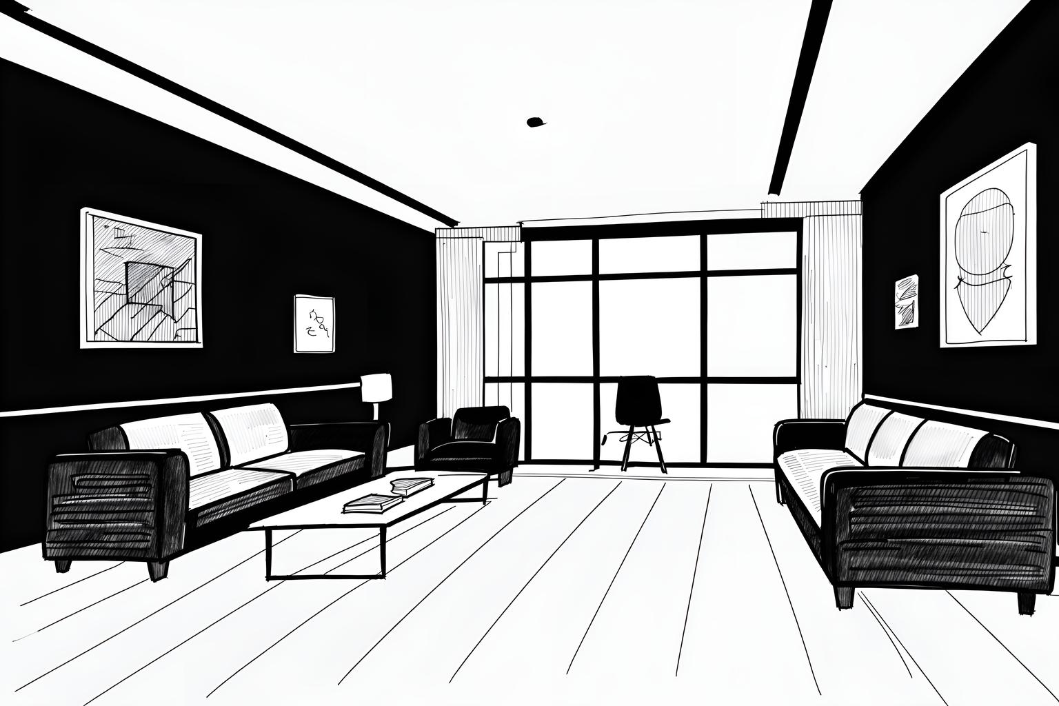 (hand-drawn monochrome black and white sketch line drawing)++ of sketch-style (office) apartment interior. a sketch of interior. with . . a sketch of interior. with office desks and seating area with sofa and windows. trending on artstation. black and white line drawing sketch without colors. masterpiece, cinematic light, ultrarealistic+, photorealistic+, 8k, raw photo, realistic, sharp focus on eyes, (symmetrical eyes), (intact eyes), hyperrealistic, highest quality, best quality, , highly detailed, masterpiece, best quality, extremely detailed 8k wallpaper, masterpiece, best quality, ultra-detailed, best shadow, detailed background, detailed face, detailed eyes, high contrast, best illumination, detailed face, dulux, caustic, dynamic angle, detailed glow. dramatic lighting. highly detailed, insanely detailed hair, symmetrical, intricate details, professionally retouched, 8k high definition. strong bokeh. award winning photo.