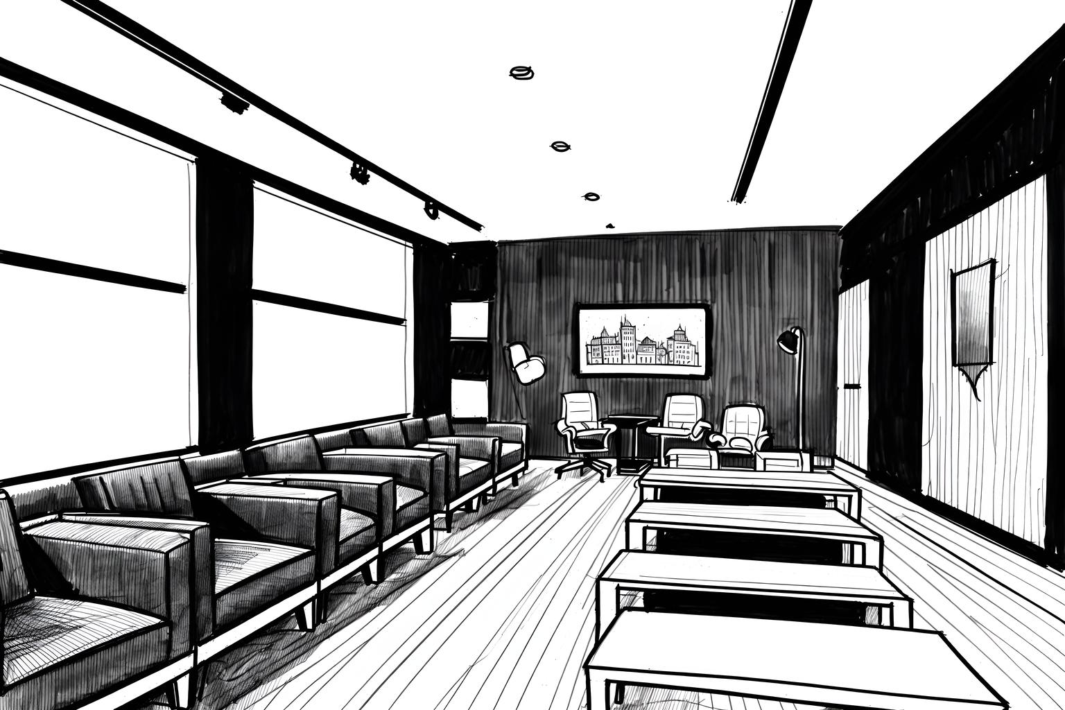 (hand-drawn monochrome black and white sketch line drawing)++ of sketch-style (coworking space) apartment interior. a sketch of interior. with . . a sketch of interior. with office desks and office chairs and seating area with sofa. trending on artstation. black and white line drawing sketch without colors. masterpiece, cinematic light, ultrarealistic+, photorealistic+, 8k, raw photo, realistic, sharp focus on eyes, (symmetrical eyes), (intact eyes), hyperrealistic, highest quality, best quality, , highly detailed, masterpiece, best quality, extremely detailed 8k wallpaper, masterpiece, best quality, ultra-detailed, best shadow, detailed background, detailed face, detailed eyes, high contrast, best illumination, detailed face, dulux, caustic, dynamic angle, detailed glow. dramatic lighting. highly detailed, insanely detailed hair, symmetrical, intricate details, professionally retouched, 8k high definition. strong bokeh. award winning photo.