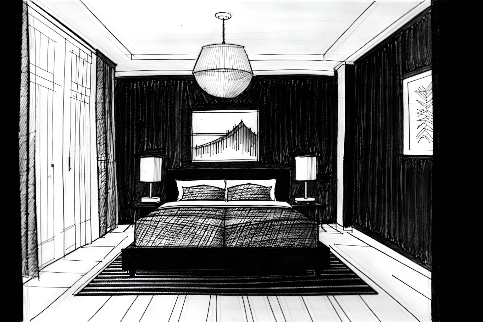 (hand-drawn monochrome black and white sketch line drawing)++ of sketch-style (hotel room) apartment interior. a sketch of interior. with . . a sketch of interior. with night light and accent chair and headboard. trending on artstation. black and white line drawing sketch without colors. masterpiece, cinematic light, ultrarealistic+, photorealistic+, 8k, raw photo, realistic, sharp focus on eyes, (symmetrical eyes), (intact eyes), hyperrealistic, highest quality, best quality, , highly detailed, masterpiece, best quality, extremely detailed 8k wallpaper, masterpiece, best quality, ultra-detailed, best shadow, detailed background, detailed face, detailed eyes, high contrast, best illumination, detailed face, dulux, caustic, dynamic angle, detailed glow. dramatic lighting. highly detailed, insanely detailed hair, symmetrical, intricate details, professionally retouched, 8k high definition. strong bokeh. award winning photo.