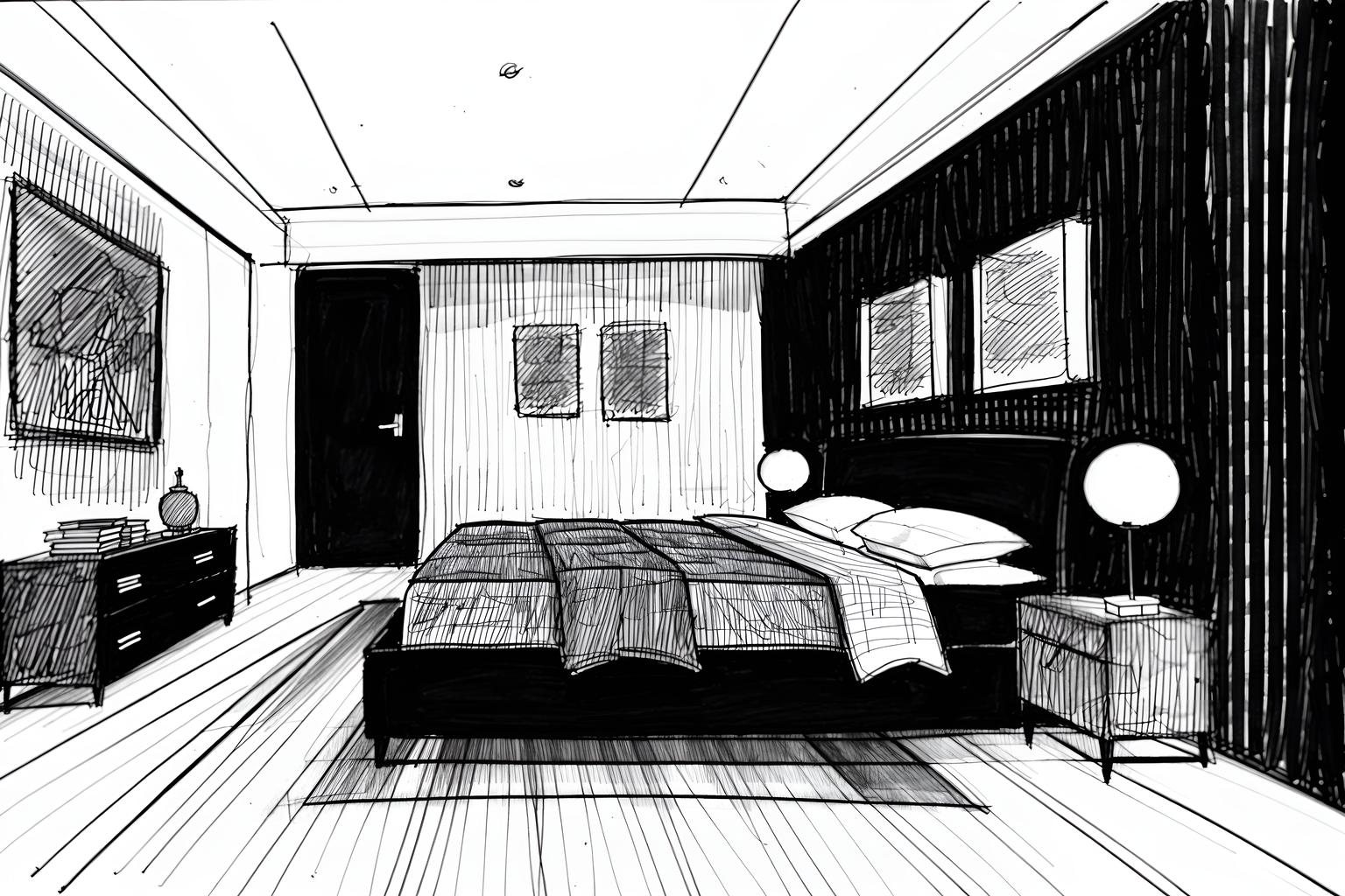 (hand-drawn monochrome black and white sketch line drawing)++ of sketch-style (hotel room) apartment interior. a sketch of interior. with . . a sketch of interior. with night light and accent chair and headboard. trending on artstation. black and white line drawing sketch without colors. masterpiece, cinematic light, ultrarealistic+, photorealistic+, 8k, raw photo, realistic, sharp focus on eyes, (symmetrical eyes), (intact eyes), hyperrealistic, highest quality, best quality, , highly detailed, masterpiece, best quality, extremely detailed 8k wallpaper, masterpiece, best quality, ultra-detailed, best shadow, detailed background, detailed face, detailed eyes, high contrast, best illumination, detailed face, dulux, caustic, dynamic angle, detailed glow. dramatic lighting. highly detailed, insanely detailed hair, symmetrical, intricate details, professionally retouched, 8k high definition. strong bokeh. award winning photo.