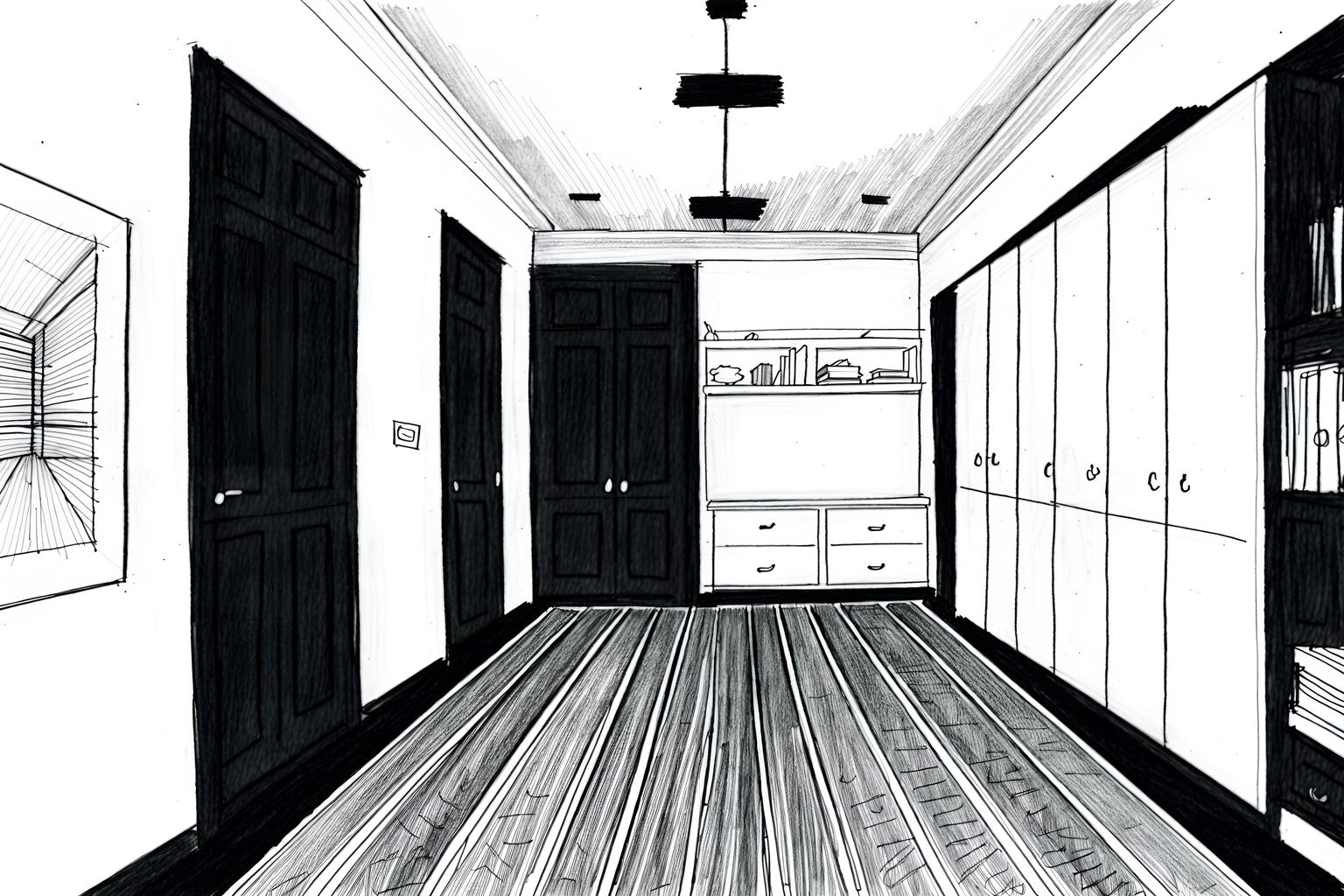 (hand-drawn monochrome black and white sketch line drawing)++ of sketch-style (mudroom) apartment interior. a sketch of interior. with . . a sketch of interior. with wall hooks for coats and storage drawers and shelves for shoes. trending on artstation. black and white line drawing sketch without colors. masterpiece, cinematic light, ultrarealistic+, photorealistic+, 8k, raw photo, realistic, sharp focus on eyes, (symmetrical eyes), (intact eyes), hyperrealistic, highest quality, best quality, , highly detailed, masterpiece, best quality, extremely detailed 8k wallpaper, masterpiece, best quality, ultra-detailed, best shadow, detailed background, detailed face, detailed eyes, high contrast, best illumination, detailed face, dulux, caustic, dynamic angle, detailed glow. dramatic lighting. highly detailed, insanely detailed hair, symmetrical, intricate details, professionally retouched, 8k high definition. strong bokeh. award winning photo.