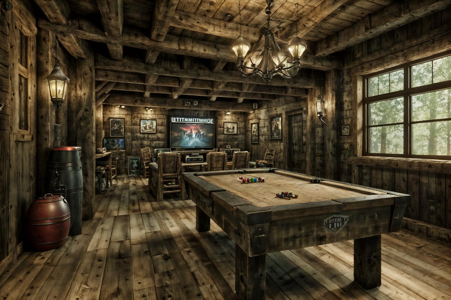 rustic-style (gaming room interior) . with . . cinematic photo, highly detailed, cinematic lighting, ultra-detailed, ultrarealistic, photorealism, 8k. rustic interior design style. masterpiece, cinematic light, ultrarealistic+, photorealistic+, 8k, raw photo, realistic, sharp focus on eyes, (symmetrical eyes), (intact eyes), hyperrealistic, highest quality, best quality, , highly detailed, masterpiece, best quality, extremely detailed 8k wallpaper, masterpiece, best quality, ultra-detailed, best shadow, detailed background, detailed face, detailed eyes, high contrast, best illumination, detailed face, dulux, caustic, dynamic angle, detailed glow. dramatic lighting. highly detailed, insanely detailed hair, symmetrical, intricate details, professionally retouched, 8k high definition. strong bokeh. award winning photo.