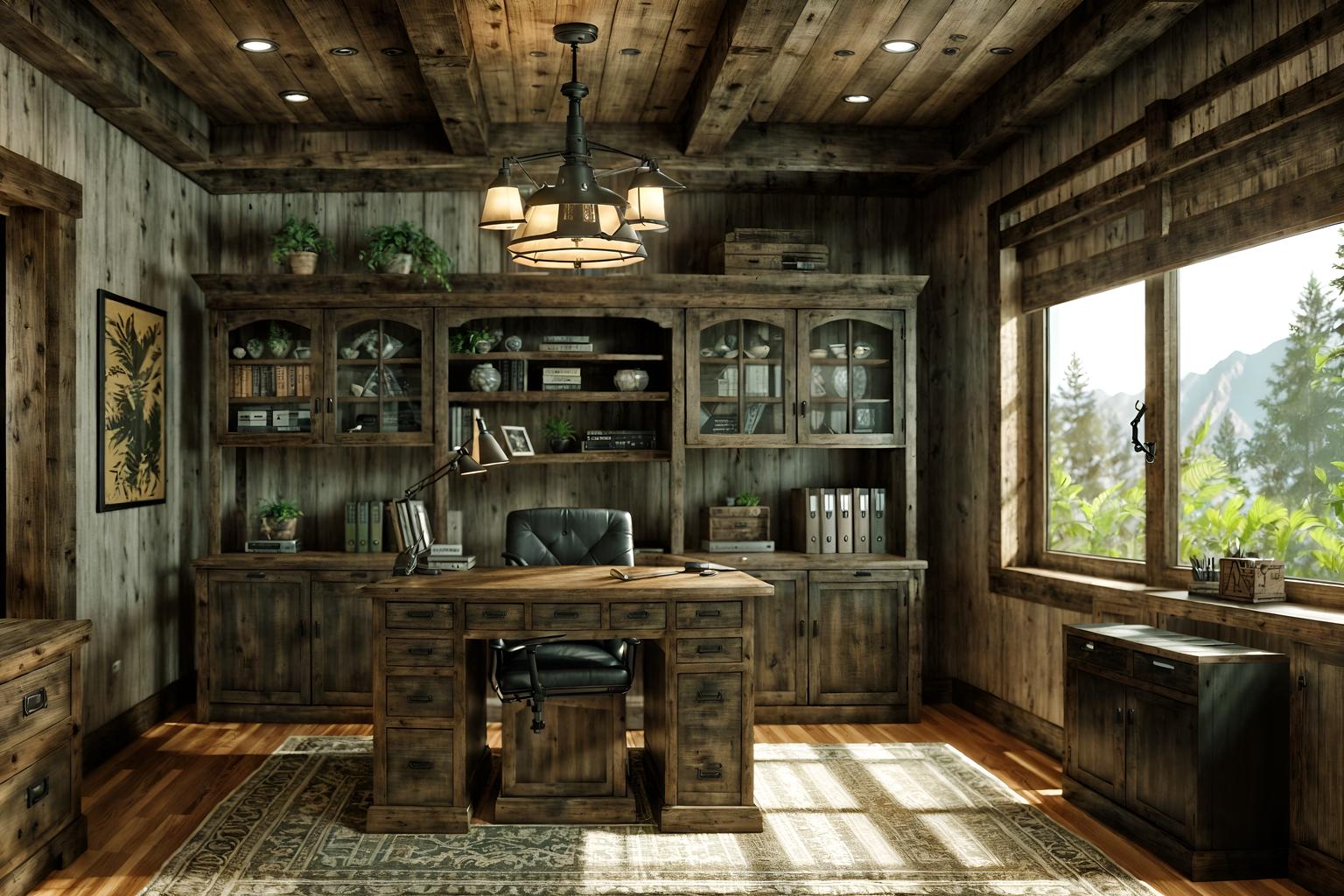 rustic-style (home office interior) with cabinets and office chair and plant and desk lamp and computer desk and cabinets. . with . . cinematic photo, highly detailed, cinematic lighting, ultra-detailed, ultrarealistic, photorealism, 8k. rustic interior design style. masterpiece, cinematic light, ultrarealistic+, photorealistic+, 8k, raw photo, realistic, sharp focus on eyes, (symmetrical eyes), (intact eyes), hyperrealistic, highest quality, best quality, , highly detailed, masterpiece, best quality, extremely detailed 8k wallpaper, masterpiece, best quality, ultra-detailed, best shadow, detailed background, detailed face, detailed eyes, high contrast, best illumination, detailed face, dulux, caustic, dynamic angle, detailed glow. dramatic lighting. highly detailed, insanely detailed hair, symmetrical, intricate details, professionally retouched, 8k high definition. strong bokeh. award winning photo.