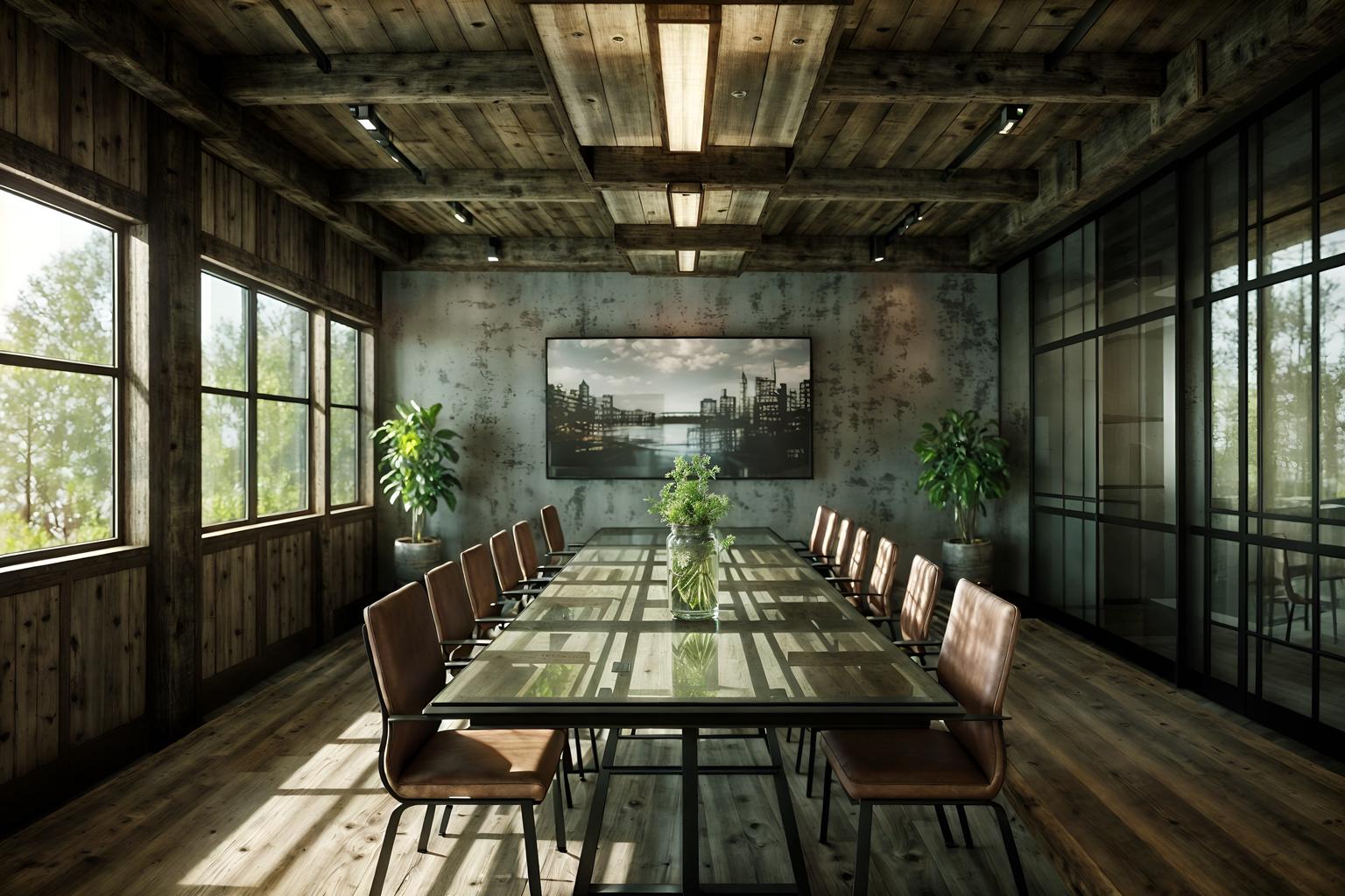 rustic-style (meeting room interior) with glass walls and vase and painting or photo on wall and boardroom table and glass doors and plant and office chairs and cabinets. . with . . cinematic photo, highly detailed, cinematic lighting, ultra-detailed, ultrarealistic, photorealism, 8k. rustic interior design style. masterpiece, cinematic light, ultrarealistic+, photorealistic+, 8k, raw photo, realistic, sharp focus on eyes, (symmetrical eyes), (intact eyes), hyperrealistic, highest quality, best quality, , highly detailed, masterpiece, best quality, extremely detailed 8k wallpaper, masterpiece, best quality, ultra-detailed, best shadow, detailed background, detailed face, detailed eyes, high contrast, best illumination, detailed face, dulux, caustic, dynamic angle, detailed glow. dramatic lighting. highly detailed, insanely detailed hair, symmetrical, intricate details, professionally retouched, 8k high definition. strong bokeh. award winning photo.