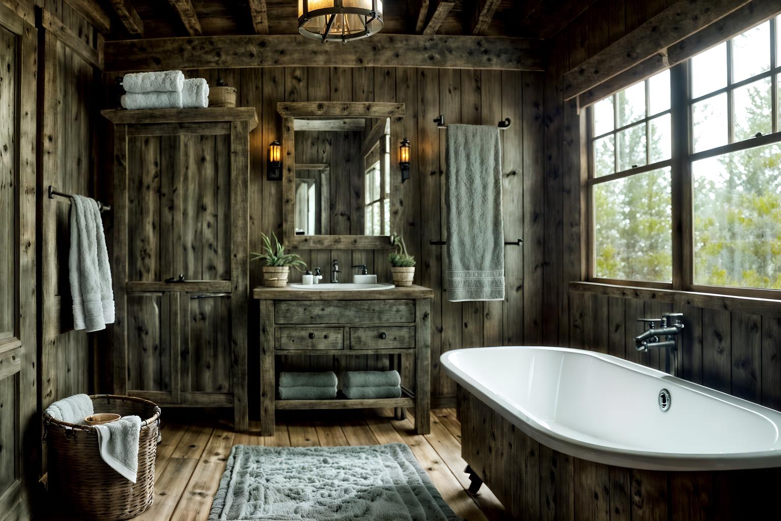 rustic-style (hotel bathroom interior) with bath rail and bathroom cabinet and plant and bath towel and toilet seat and waste basket and mirror and bathtub. . with . . cinematic photo, highly detailed, cinematic lighting, ultra-detailed, ultrarealistic, photorealism, 8k. rustic interior design style. masterpiece, cinematic light, ultrarealistic+, photorealistic+, 8k, raw photo, realistic, sharp focus on eyes, (symmetrical eyes), (intact eyes), hyperrealistic, highest quality, best quality, , highly detailed, masterpiece, best quality, extremely detailed 8k wallpaper, masterpiece, best quality, ultra-detailed, best shadow, detailed background, detailed face, detailed eyes, high contrast, best illumination, detailed face, dulux, caustic, dynamic angle, detailed glow. dramatic lighting. highly detailed, insanely detailed hair, symmetrical, intricate details, professionally retouched, 8k high definition. strong bokeh. award winning photo.