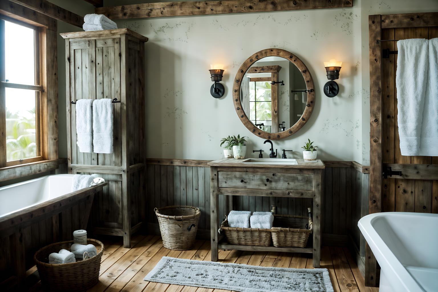 rustic-style (hotel bathroom interior) with bath rail and bathroom cabinet and plant and bath towel and toilet seat and waste basket and mirror and bathtub. . with . . cinematic photo, highly detailed, cinematic lighting, ultra-detailed, ultrarealistic, photorealism, 8k. rustic interior design style. masterpiece, cinematic light, ultrarealistic+, photorealistic+, 8k, raw photo, realistic, sharp focus on eyes, (symmetrical eyes), (intact eyes), hyperrealistic, highest quality, best quality, , highly detailed, masterpiece, best quality, extremely detailed 8k wallpaper, masterpiece, best quality, ultra-detailed, best shadow, detailed background, detailed face, detailed eyes, high contrast, best illumination, detailed face, dulux, caustic, dynamic angle, detailed glow. dramatic lighting. highly detailed, insanely detailed hair, symmetrical, intricate details, professionally retouched, 8k high definition. strong bokeh. award winning photo.