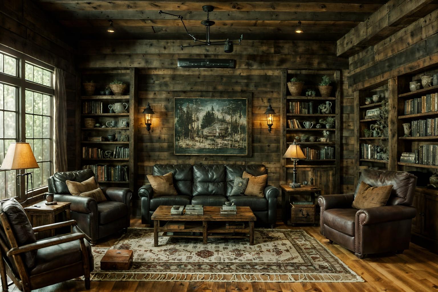 rustic-style (living room interior) with electric lamps and chairs and bookshelves and plant and sofa and televisions and occasional tables and coffee tables. . with . . cinematic photo, highly detailed, cinematic lighting, ultra-detailed, ultrarealistic, photorealism, 8k. rustic interior design style. masterpiece, cinematic light, ultrarealistic+, photorealistic+, 8k, raw photo, realistic, sharp focus on eyes, (symmetrical eyes), (intact eyes), hyperrealistic, highest quality, best quality, , highly detailed, masterpiece, best quality, extremely detailed 8k wallpaper, masterpiece, best quality, ultra-detailed, best shadow, detailed background, detailed face, detailed eyes, high contrast, best illumination, detailed face, dulux, caustic, dynamic angle, detailed glow. dramatic lighting. highly detailed, insanely detailed hair, symmetrical, intricate details, professionally retouched, 8k high definition. strong bokeh. award winning photo.