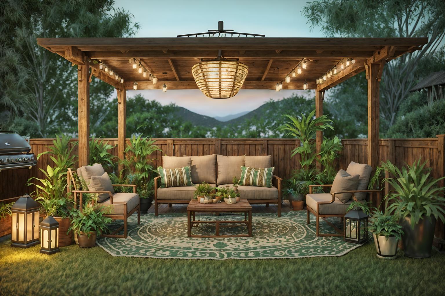 boho-chic-style designed (outdoor patio ) with plant and deck with deck chairs and patio couch with pillows and grass and barbeque or grill and plant. . . cinematic photo, highly detailed, cinematic lighting, ultra-detailed, ultrarealistic, photorealism, 8k. boho-chic design style. masterpiece, cinematic light, ultrarealistic+, photorealistic+, 8k, raw photo, realistic, sharp focus on eyes, (symmetrical eyes), (intact eyes), hyperrealistic, highest quality, best quality, , highly detailed, masterpiece, best quality, extremely detailed 8k wallpaper, masterpiece, best quality, ultra-detailed, best shadow, detailed background, detailed face, detailed eyes, high contrast, best illumination, detailed face, dulux, caustic, dynamic angle, detailed glow. dramatic lighting. highly detailed, insanely detailed hair, symmetrical, intricate details, professionally retouched, 8k high definition. strong bokeh. award winning photo.