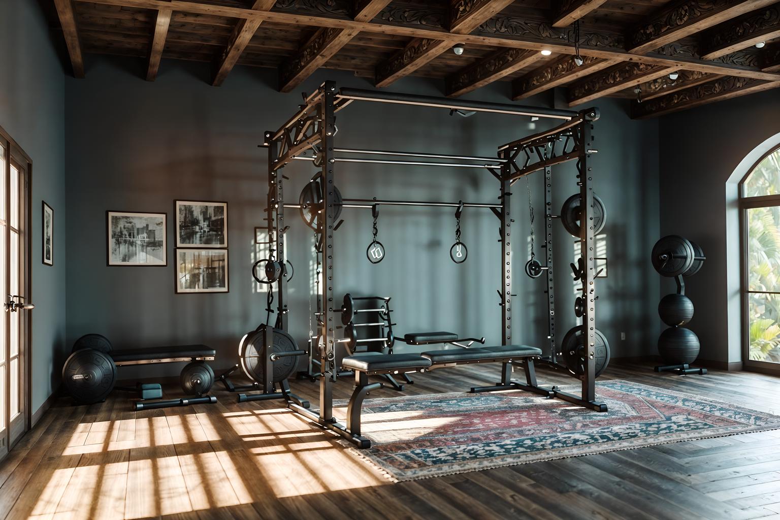 boho-chic-style (fitness gym interior) with bench press and crosstrainer and squat rack and dumbbell stand and exercise bicycle and bench press. . . cinematic photo, highly detailed, cinematic lighting, ultra-detailed, ultrarealistic, photorealism, 8k. boho-chic interior design style. masterpiece, cinematic light, ultrarealistic+, photorealistic+, 8k, raw photo, realistic, sharp focus on eyes, (symmetrical eyes), (intact eyes), hyperrealistic, highest quality, best quality, , highly detailed, masterpiece, best quality, extremely detailed 8k wallpaper, masterpiece, best quality, ultra-detailed, best shadow, detailed background, detailed face, detailed eyes, high contrast, best illumination, detailed face, dulux, caustic, dynamic angle, detailed glow. dramatic lighting. highly detailed, insanely detailed hair, symmetrical, intricate details, professionally retouched, 8k high definition. strong bokeh. award winning photo.