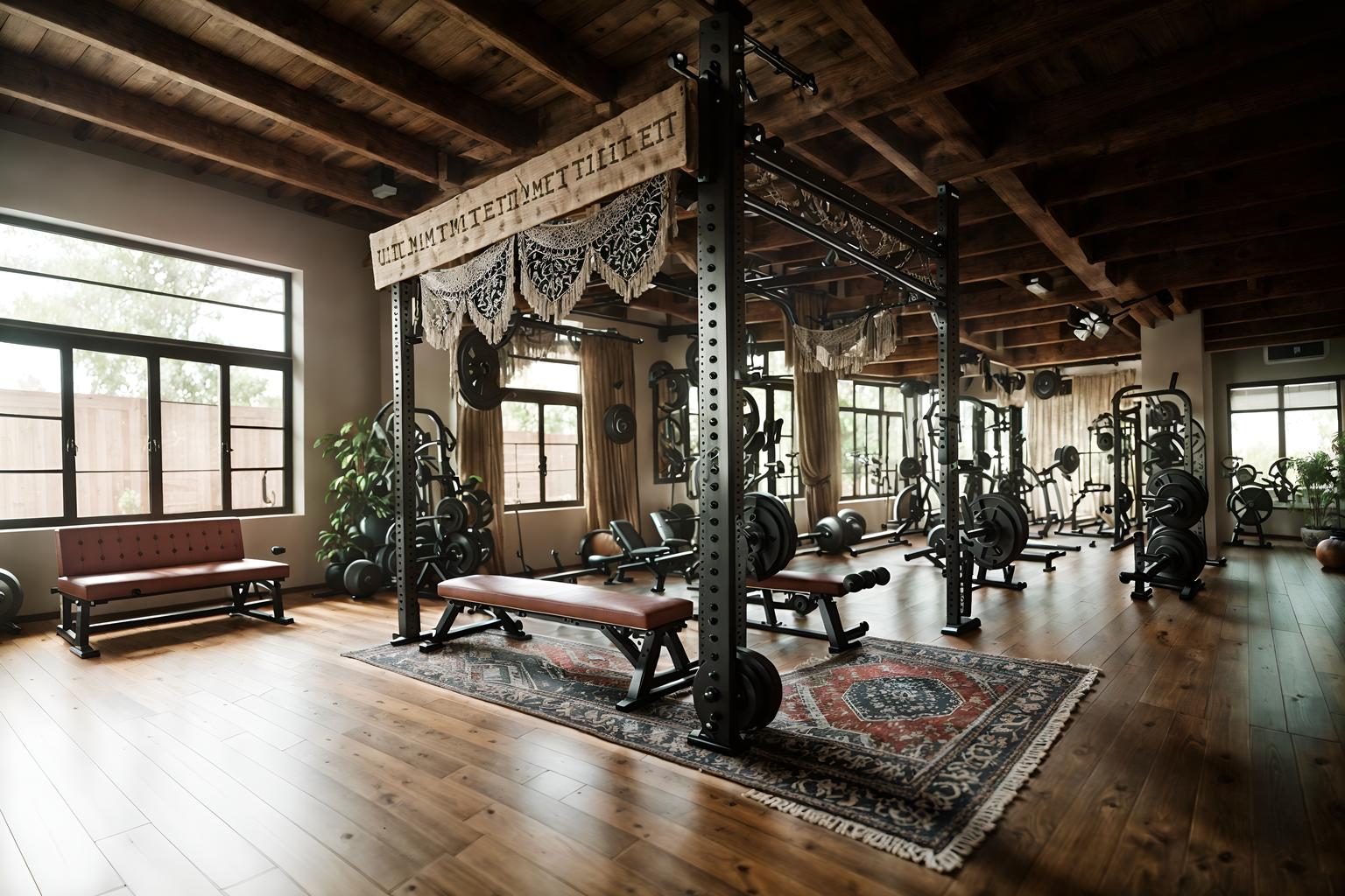 boho-chic-style (fitness gym interior) with bench press and crosstrainer and squat rack and dumbbell stand and exercise bicycle and bench press. . . cinematic photo, highly detailed, cinematic lighting, ultra-detailed, ultrarealistic, photorealism, 8k. boho-chic interior design style. masterpiece, cinematic light, ultrarealistic+, photorealistic+, 8k, raw photo, realistic, sharp focus on eyes, (symmetrical eyes), (intact eyes), hyperrealistic, highest quality, best quality, , highly detailed, masterpiece, best quality, extremely detailed 8k wallpaper, masterpiece, best quality, ultra-detailed, best shadow, detailed background, detailed face, detailed eyes, high contrast, best illumination, detailed face, dulux, caustic, dynamic angle, detailed glow. dramatic lighting. highly detailed, insanely detailed hair, symmetrical, intricate details, professionally retouched, 8k high definition. strong bokeh. award winning photo.