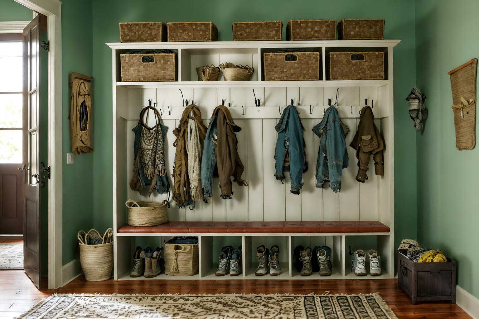 boho-chic-style (mudroom interior) with storage drawers and cubbies and shelves for shoes and high up storage and cabinets and wall hooks for coats and a bench and storage baskets. . . cinematic photo, highly detailed, cinematic lighting, ultra-detailed, ultrarealistic, photorealism, 8k. boho-chic interior design style. masterpiece, cinematic light, ultrarealistic+, photorealistic+, 8k, raw photo, realistic, sharp focus on eyes, (symmetrical eyes), (intact eyes), hyperrealistic, highest quality, best quality, , highly detailed, masterpiece, best quality, extremely detailed 8k wallpaper, masterpiece, best quality, ultra-detailed, best shadow, detailed background, detailed face, detailed eyes, high contrast, best illumination, detailed face, dulux, caustic, dynamic angle, detailed glow. dramatic lighting. highly detailed, insanely detailed hair, symmetrical, intricate details, professionally retouched, 8k high definition. strong bokeh. award winning photo.