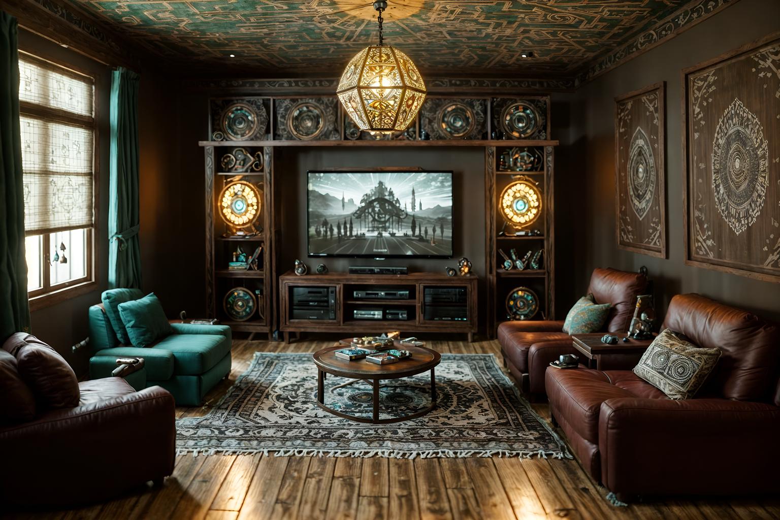 boho-chic-style (gaming room interior) . . cinematic photo, highly detailed, cinematic lighting, ultra-detailed, ultrarealistic, photorealism, 8k. boho-chic interior design style. masterpiece, cinematic light, ultrarealistic+, photorealistic+, 8k, raw photo, realistic, sharp focus on eyes, (symmetrical eyes), (intact eyes), hyperrealistic, highest quality, best quality, , highly detailed, masterpiece, best quality, extremely detailed 8k wallpaper, masterpiece, best quality, ultra-detailed, best shadow, detailed background, detailed face, detailed eyes, high contrast, best illumination, detailed face, dulux, caustic, dynamic angle, detailed glow. dramatic lighting. highly detailed, insanely detailed hair, symmetrical, intricate details, professionally retouched, 8k high definition. strong bokeh. award winning photo.