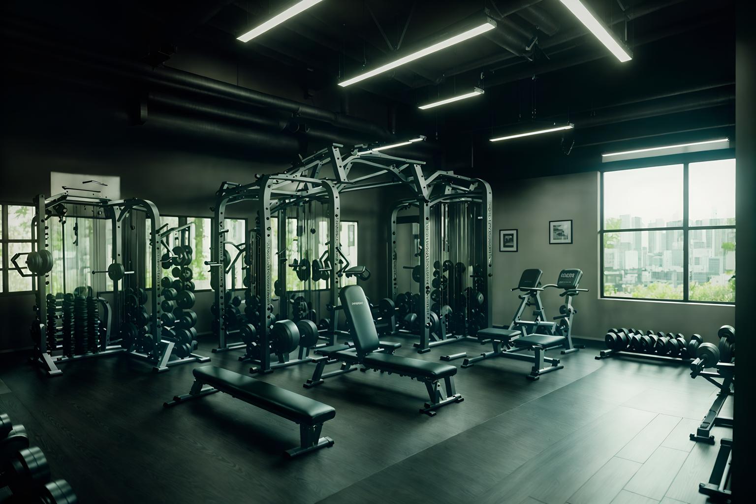 eco-friendly-style (fitness gym interior) with dumbbell stand and exercise bicycle and crosstrainer and bench press and squat rack and dumbbell stand. . . cinematic photo, highly detailed, cinematic lighting, ultra-detailed, ultrarealistic, photorealism, 8k. eco-friendly interior design style. masterpiece, cinematic light, ultrarealistic+, photorealistic+, 8k, raw photo, realistic, sharp focus on eyes, (symmetrical eyes), (intact eyes), hyperrealistic, highest quality, best quality, , highly detailed, masterpiece, best quality, extremely detailed 8k wallpaper, masterpiece, best quality, ultra-detailed, best shadow, detailed background, detailed face, detailed eyes, high contrast, best illumination, detailed face, dulux, caustic, dynamic angle, detailed glow. dramatic lighting. highly detailed, insanely detailed hair, symmetrical, intricate details, professionally retouched, 8k high definition. strong bokeh. award winning photo.