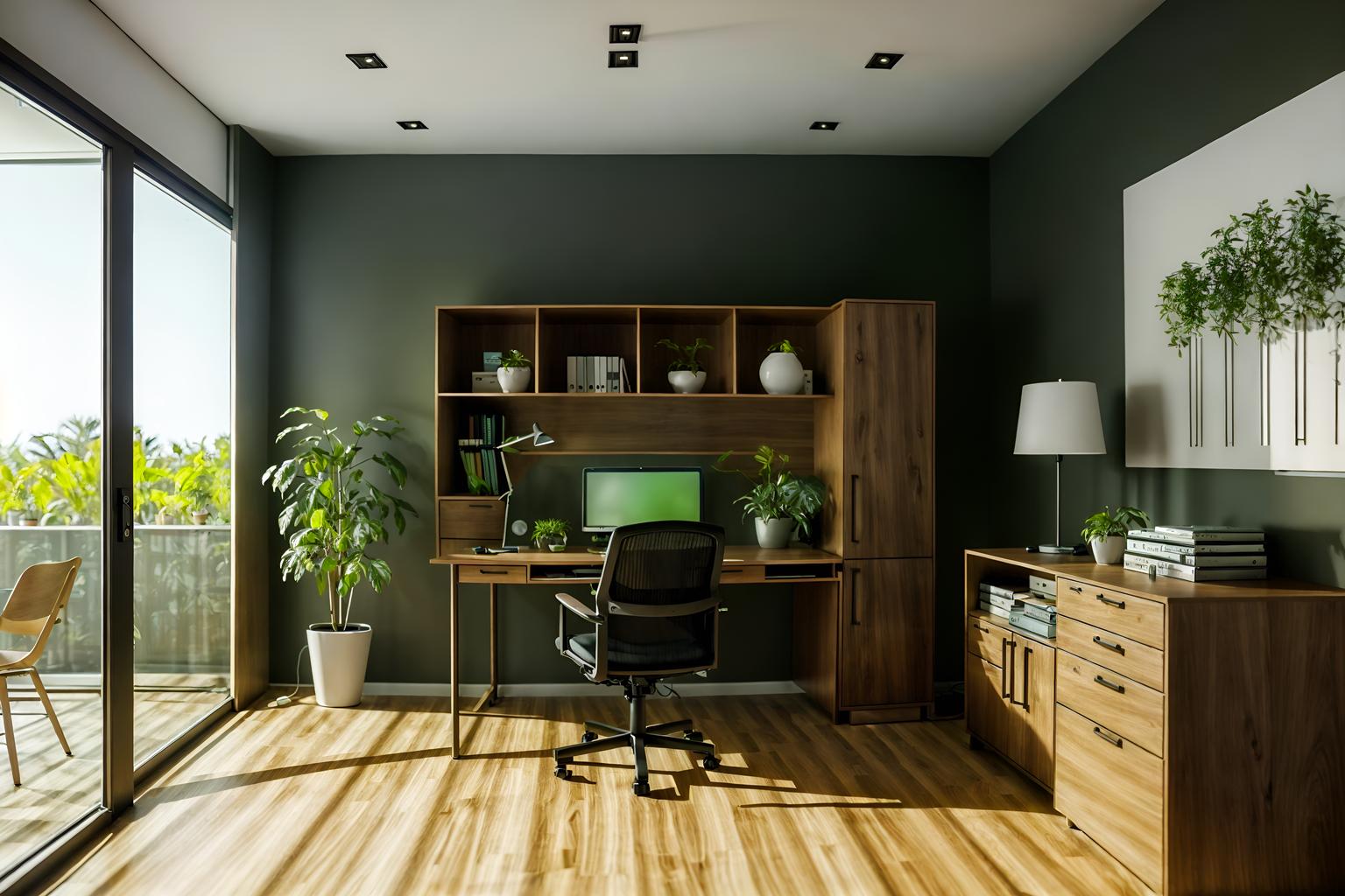 eco-friendly-style (home office interior) with cabinets and desk lamp and computer desk and plant and office chair and cabinets. . . cinematic photo, highly detailed, cinematic lighting, ultra-detailed, ultrarealistic, photorealism, 8k. eco-friendly interior design style. masterpiece, cinematic light, ultrarealistic+, photorealistic+, 8k, raw photo, realistic, sharp focus on eyes, (symmetrical eyes), (intact eyes), hyperrealistic, highest quality, best quality, , highly detailed, masterpiece, best quality, extremely detailed 8k wallpaper, masterpiece, best quality, ultra-detailed, best shadow, detailed background, detailed face, detailed eyes, high contrast, best illumination, detailed face, dulux, caustic, dynamic angle, detailed glow. dramatic lighting. highly detailed, insanely detailed hair, symmetrical, intricate details, professionally retouched, 8k high definition. strong bokeh. award winning photo.