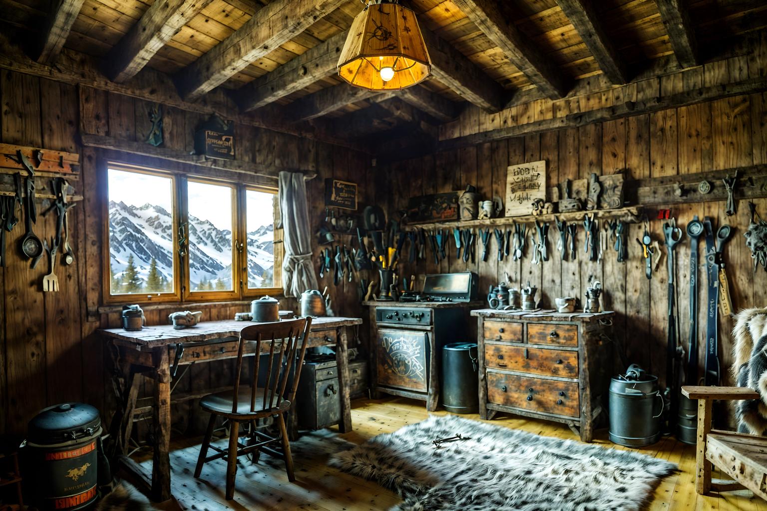 ski chalet-style (workshop interior) with messy and wooden workbench and tool wall and messy. . with exposed wood and animal furs and wooden walls and ski-themed decor and richly patterned fabrics and mountain-inspired and stone fireplace and exposed timber. . cinematic photo, highly detailed, cinematic lighting, ultra-detailed, ultrarealistic, photorealism, 8k. ski chalet interior design style. masterpiece, cinematic light, ultrarealistic+, photorealistic+, 8k, raw photo, realistic, sharp focus on eyes, (symmetrical eyes), (intact eyes), hyperrealistic, highest quality, best quality, , highly detailed, masterpiece, best quality, extremely detailed 8k wallpaper, masterpiece, best quality, ultra-detailed, best shadow, detailed background, detailed face, detailed eyes, high contrast, best illumination, detailed face, dulux, caustic, dynamic angle, detailed glow. dramatic lighting. highly detailed, insanely detailed hair, symmetrical, intricate details, professionally retouched, 8k high definition. strong bokeh. award winning photo.