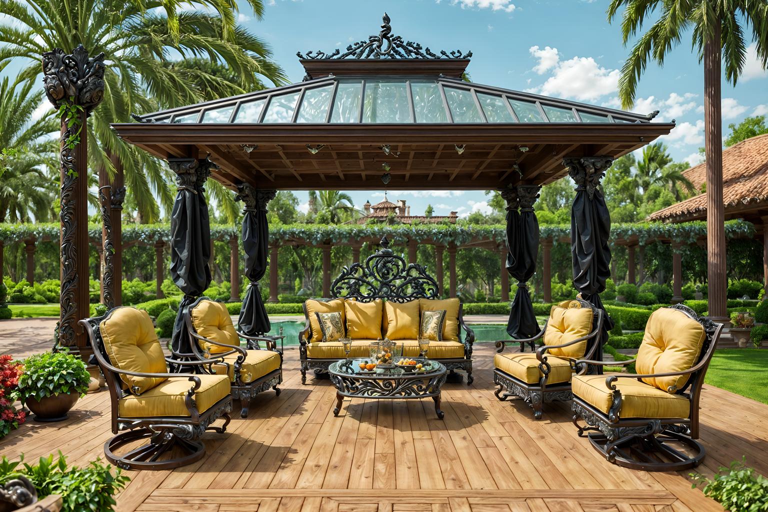 baroque-style designed (outdoor patio ) with deck with deck chairs and barbeque or grill and plant and grass and patio couch with pillows and deck with deck chairs. . with grandeur and expensive and plush flooring and intricate carvings and ornaments and opulent and colossal furniture and crystal and glass accents and tension and twisted columns and movement. . cinematic photo, highly detailed, cinematic lighting, ultra-detailed, ultrarealistic, photorealism, 8k. baroque design style. masterpiece, cinematic light, ultrarealistic+, photorealistic+, 8k, raw photo, realistic, sharp focus on eyes, (symmetrical eyes), (intact eyes), hyperrealistic, highest quality, best quality, , highly detailed, masterpiece, best quality, extremely detailed 8k wallpaper, masterpiece, best quality, ultra-detailed, best shadow, detailed background, detailed face, detailed eyes, high contrast, best illumination, detailed face, dulux, caustic, dynamic angle, detailed glow. dramatic lighting. highly detailed, insanely detailed hair, symmetrical, intricate details, professionally retouched, 8k high definition. strong bokeh. award winning photo.