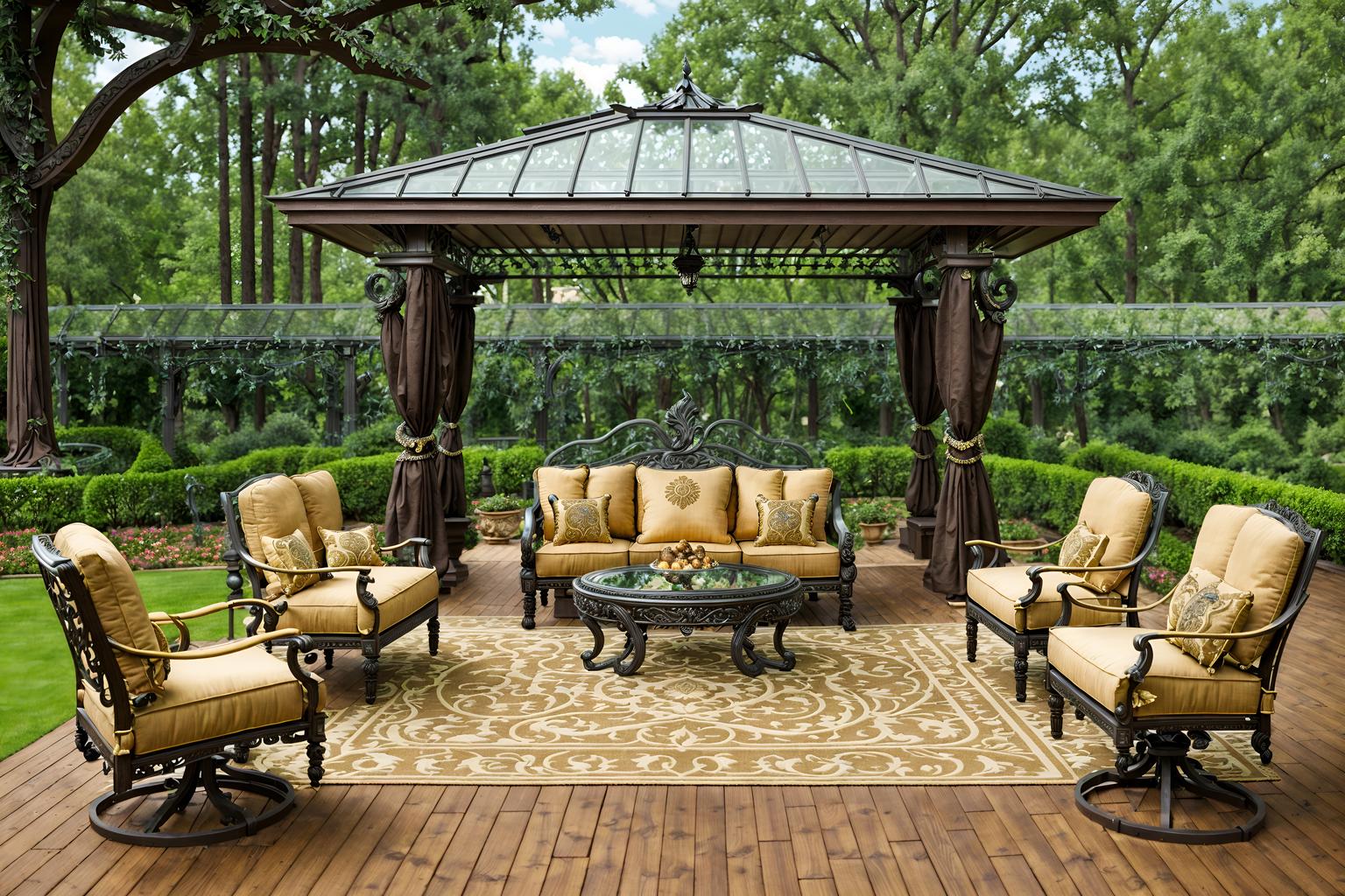 baroque-style designed (outdoor patio ) with deck with deck chairs and barbeque or grill and plant and grass and patio couch with pillows and deck with deck chairs. . with grandeur and expensive and plush flooring and intricate carvings and ornaments and opulent and colossal furniture and crystal and glass accents and tension and twisted columns and movement. . cinematic photo, highly detailed, cinematic lighting, ultra-detailed, ultrarealistic, photorealism, 8k. baroque design style. masterpiece, cinematic light, ultrarealistic+, photorealistic+, 8k, raw photo, realistic, sharp focus on eyes, (symmetrical eyes), (intact eyes), hyperrealistic, highest quality, best quality, , highly detailed, masterpiece, best quality, extremely detailed 8k wallpaper, masterpiece, best quality, ultra-detailed, best shadow, detailed background, detailed face, detailed eyes, high contrast, best illumination, detailed face, dulux, caustic, dynamic angle, detailed glow. dramatic lighting. highly detailed, insanely detailed hair, symmetrical, intricate details, professionally retouched, 8k high definition. strong bokeh. award winning photo.