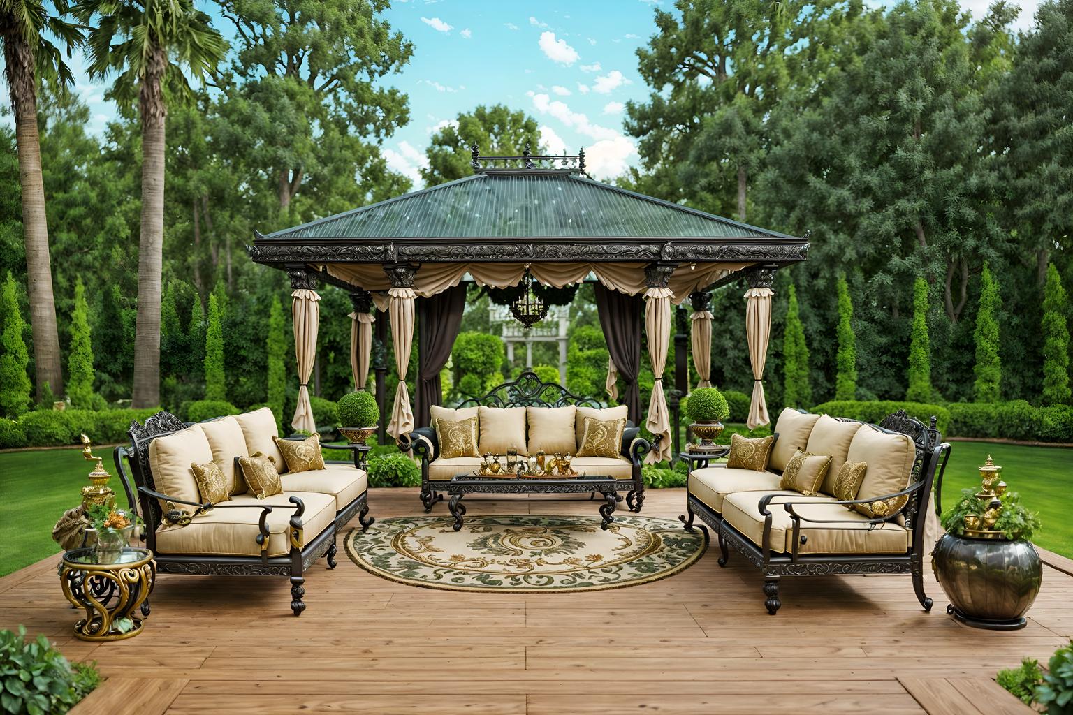 baroque-style designed (outdoor patio ) with deck with deck chairs and barbeque or grill and plant and grass and patio couch with pillows and deck with deck chairs. . with grandeur and expensive and plush flooring and intricate carvings and ornaments and opulent and colossal furniture and crystal and glass accents and tension and twisted columns and movement. . cinematic photo, highly detailed, cinematic lighting, ultra-detailed, ultrarealistic, photorealism, 8k. baroque design style. masterpiece, cinematic light, ultrarealistic+, photorealistic+, 8k, raw photo, realistic, sharp focus on eyes, (symmetrical eyes), (intact eyes), hyperrealistic, highest quality, best quality, , highly detailed, masterpiece, best quality, extremely detailed 8k wallpaper, masterpiece, best quality, ultra-detailed, best shadow, detailed background, detailed face, detailed eyes, high contrast, best illumination, detailed face, dulux, caustic, dynamic angle, detailed glow. dramatic lighting. highly detailed, insanely detailed hair, symmetrical, intricate details, professionally retouched, 8k high definition. strong bokeh. award winning photo.
