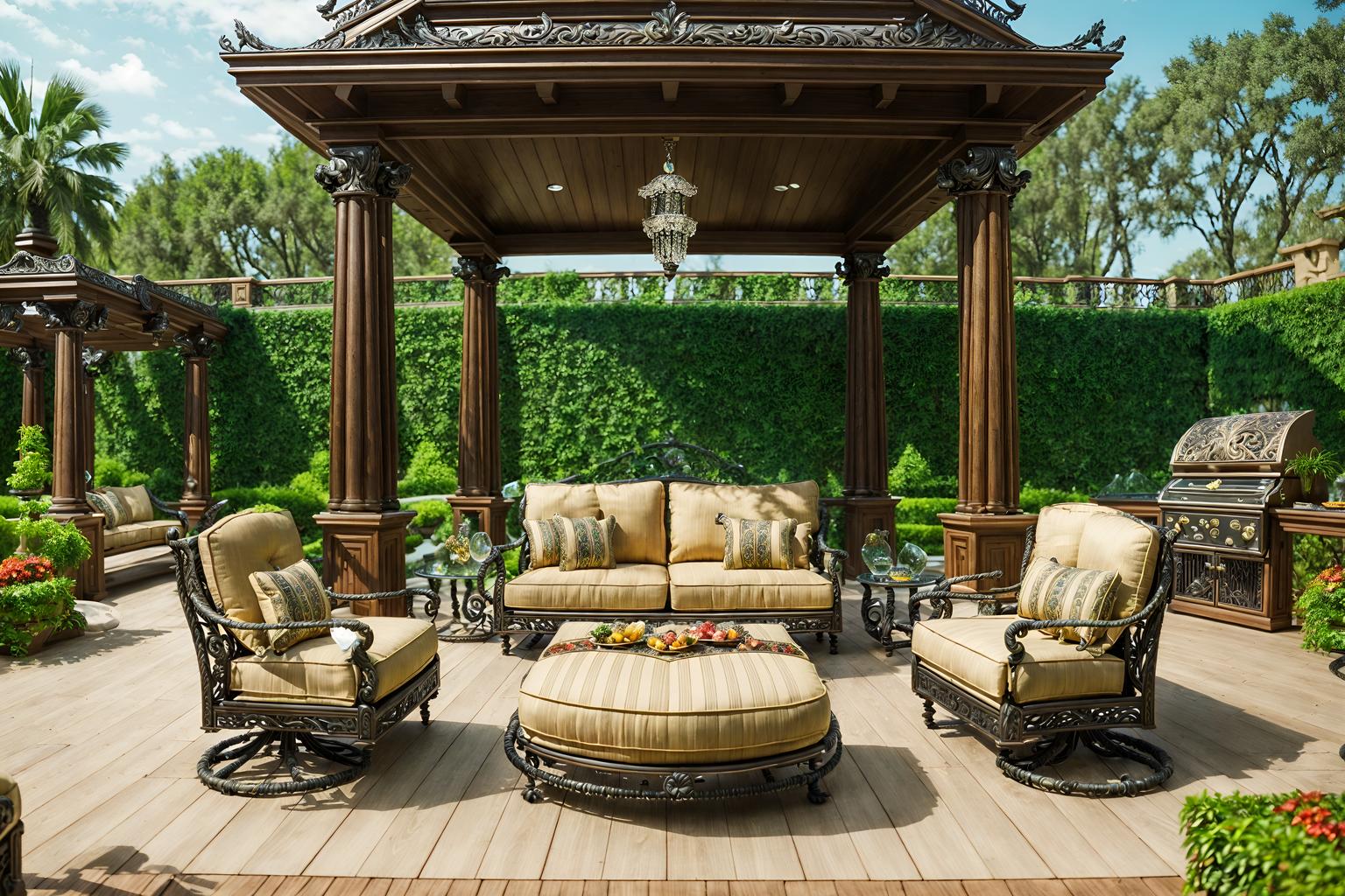 baroque-style designed (outdoor patio ) with deck with deck chairs and barbeque or grill and plant and grass and patio couch with pillows and deck with deck chairs. . with grandeur and expensive and plush flooring and intricate carvings and ornaments and opulent and colossal furniture and crystal and glass accents and tension and twisted columns and movement. . cinematic photo, highly detailed, cinematic lighting, ultra-detailed, ultrarealistic, photorealism, 8k. baroque design style. masterpiece, cinematic light, ultrarealistic+, photorealistic+, 8k, raw photo, realistic, sharp focus on eyes, (symmetrical eyes), (intact eyes), hyperrealistic, highest quality, best quality, , highly detailed, masterpiece, best quality, extremely detailed 8k wallpaper, masterpiece, best quality, ultra-detailed, best shadow, detailed background, detailed face, detailed eyes, high contrast, best illumination, detailed face, dulux, caustic, dynamic angle, detailed glow. dramatic lighting. highly detailed, insanely detailed hair, symmetrical, intricate details, professionally retouched, 8k high definition. strong bokeh. award winning photo.