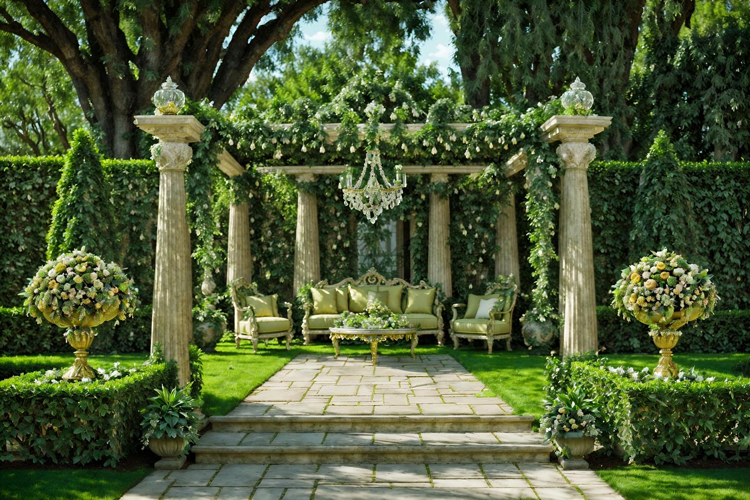 baroque-style designed (outdoor garden ) with garden plants and grass and garden tree and garden plants. . with sensuous richness and tension and drama and heavy moldings and opulent and colossal furniture and crystal and glass accents and pedestal feet and luxurious floral and damask fabrics. . cinematic photo, highly detailed, cinematic lighting, ultra-detailed, ultrarealistic, photorealism, 8k. baroque design style. masterpiece, cinematic light, ultrarealistic+, photorealistic+, 8k, raw photo, realistic, sharp focus on eyes, (symmetrical eyes), (intact eyes), hyperrealistic, highest quality, best quality, , highly detailed, masterpiece, best quality, extremely detailed 8k wallpaper, masterpiece, best quality, ultra-detailed, best shadow, detailed background, detailed face, detailed eyes, high contrast, best illumination, detailed face, dulux, caustic, dynamic angle, detailed glow. dramatic lighting. highly detailed, insanely detailed hair, symmetrical, intricate details, professionally retouched, 8k high definition. strong bokeh. award winning photo.