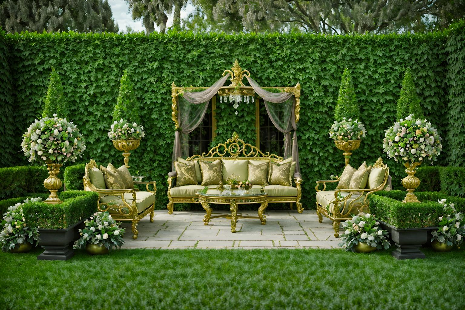 baroque-style designed (outdoor garden ) with garden plants and grass and garden tree and garden plants. . with sensuous richness and tension and drama and heavy moldings and opulent and colossal furniture and crystal and glass accents and pedestal feet and luxurious floral and damask fabrics. . cinematic photo, highly detailed, cinematic lighting, ultra-detailed, ultrarealistic, photorealism, 8k. baroque design style. masterpiece, cinematic light, ultrarealistic+, photorealistic+, 8k, raw photo, realistic, sharp focus on eyes, (symmetrical eyes), (intact eyes), hyperrealistic, highest quality, best quality, , highly detailed, masterpiece, best quality, extremely detailed 8k wallpaper, masterpiece, best quality, ultra-detailed, best shadow, detailed background, detailed face, detailed eyes, high contrast, best illumination, detailed face, dulux, caustic, dynamic angle, detailed glow. dramatic lighting. highly detailed, insanely detailed hair, symmetrical, intricate details, professionally retouched, 8k high definition. strong bokeh. award winning photo.