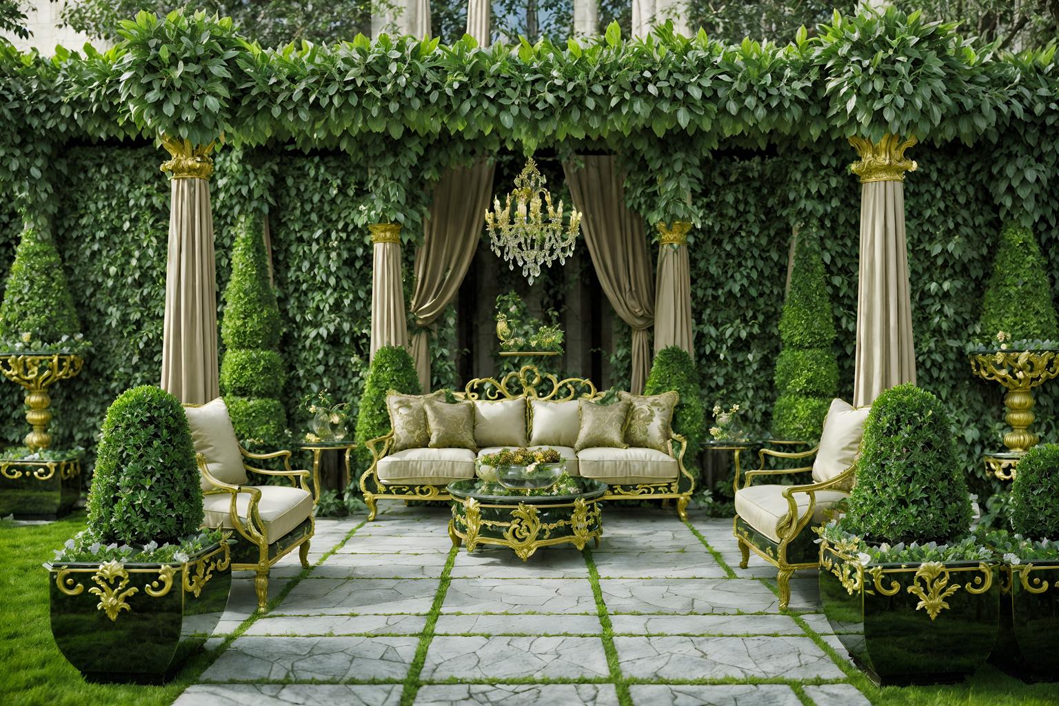 baroque-style designed (outdoor garden ) with garden plants and grass and garden tree and garden plants. . with sensuous richness and tension and drama and heavy moldings and opulent and colossal furniture and crystal and glass accents and pedestal feet and luxurious floral and damask fabrics. . cinematic photo, highly detailed, cinematic lighting, ultra-detailed, ultrarealistic, photorealism, 8k. baroque design style. masterpiece, cinematic light, ultrarealistic+, photorealistic+, 8k, raw photo, realistic, sharp focus on eyes, (symmetrical eyes), (intact eyes), hyperrealistic, highest quality, best quality, , highly detailed, masterpiece, best quality, extremely detailed 8k wallpaper, masterpiece, best quality, ultra-detailed, best shadow, detailed background, detailed face, detailed eyes, high contrast, best illumination, detailed face, dulux, caustic, dynamic angle, detailed glow. dramatic lighting. highly detailed, insanely detailed hair, symmetrical, intricate details, professionally retouched, 8k high definition. strong bokeh. award winning photo.