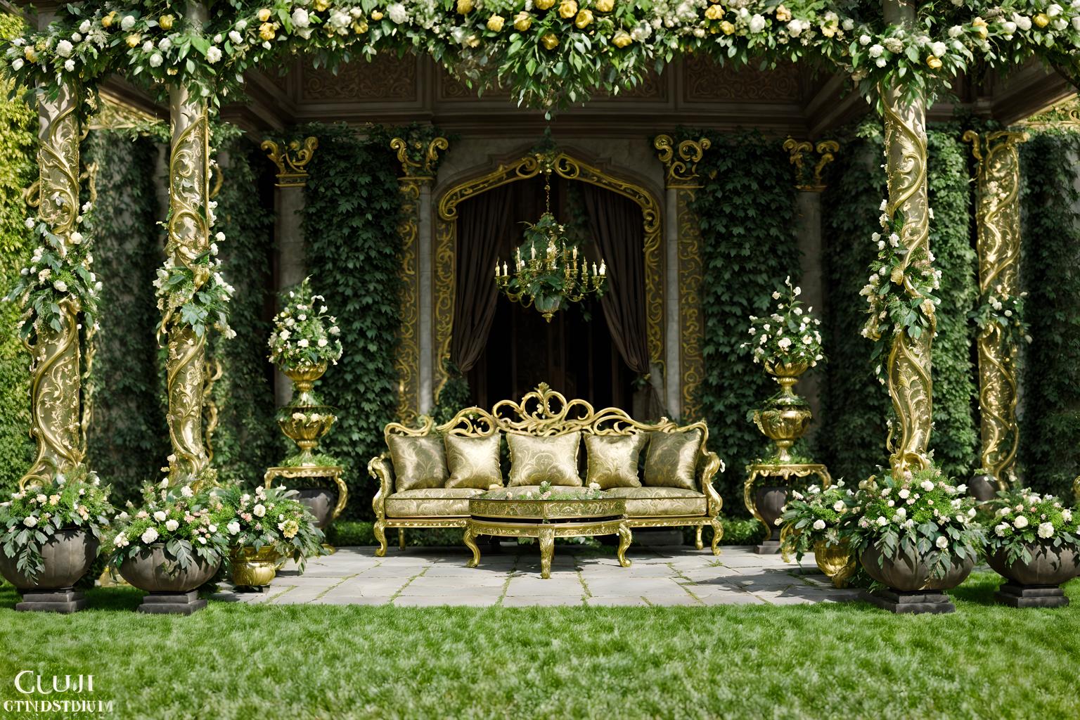 baroque-style designed (outdoor garden ) with garden plants and grass and garden tree and garden plants. . with sensuous richness and tension and drama and heavy moldings and opulent and colossal furniture and crystal and glass accents and pedestal feet and luxurious floral and damask fabrics. . cinematic photo, highly detailed, cinematic lighting, ultra-detailed, ultrarealistic, photorealism, 8k. baroque design style. masterpiece, cinematic light, ultrarealistic+, photorealistic+, 8k, raw photo, realistic, sharp focus on eyes, (symmetrical eyes), (intact eyes), hyperrealistic, highest quality, best quality, , highly detailed, masterpiece, best quality, extremely detailed 8k wallpaper, masterpiece, best quality, ultra-detailed, best shadow, detailed background, detailed face, detailed eyes, high contrast, best illumination, detailed face, dulux, caustic, dynamic angle, detailed glow. dramatic lighting. highly detailed, insanely detailed hair, symmetrical, intricate details, professionally retouched, 8k high definition. strong bokeh. award winning photo.