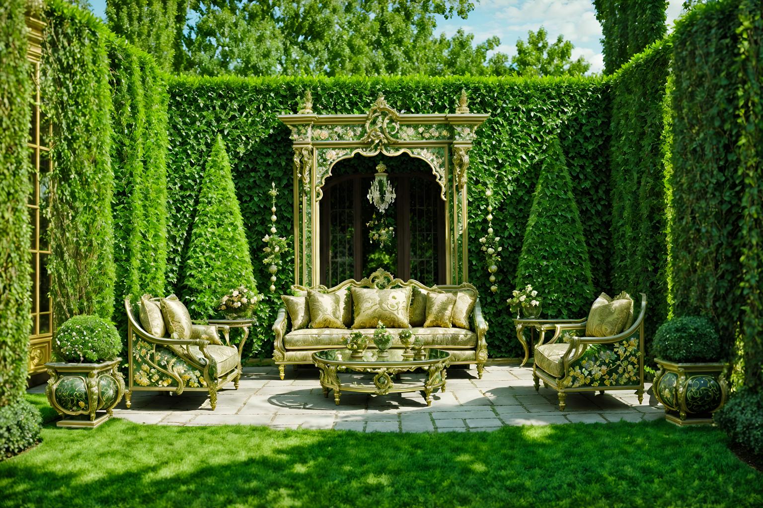 baroque-style designed (outdoor garden ) with garden plants and grass and garden tree and garden plants. . with sensuous richness and tension and drama and heavy moldings and opulent and colossal furniture and crystal and glass accents and pedestal feet and luxurious floral and damask fabrics. . cinematic photo, highly detailed, cinematic lighting, ultra-detailed, ultrarealistic, photorealism, 8k. baroque design style. masterpiece, cinematic light, ultrarealistic+, photorealistic+, 8k, raw photo, realistic, sharp focus on eyes, (symmetrical eyes), (intact eyes), hyperrealistic, highest quality, best quality, , highly detailed, masterpiece, best quality, extremely detailed 8k wallpaper, masterpiece, best quality, ultra-detailed, best shadow, detailed background, detailed face, detailed eyes, high contrast, best illumination, detailed face, dulux, caustic, dynamic angle, detailed glow. dramatic lighting. highly detailed, insanely detailed hair, symmetrical, intricate details, professionally retouched, 8k high definition. strong bokeh. award winning photo.