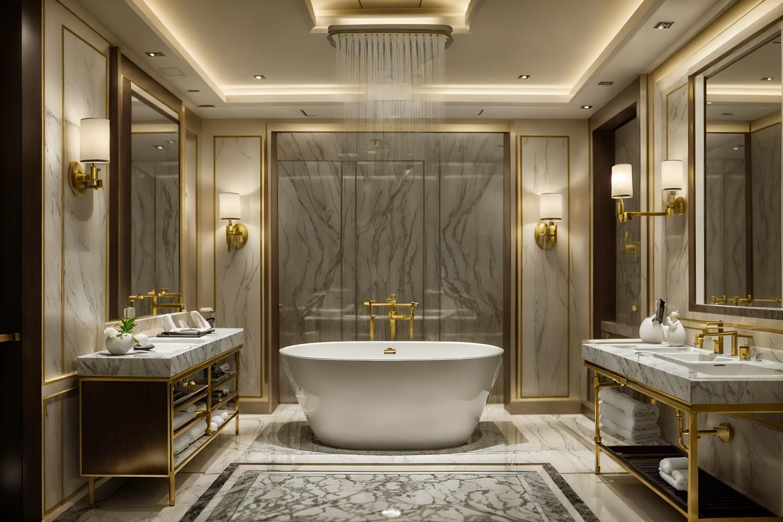 luxury-style (hotel bathroom interior) with plant and toilet seat and shower and bathroom sink with faucet and bathtub and waste basket and bathroom cabinet and mirror. . . cinematic photo, highly detailed, cinematic lighting, ultra-detailed, ultrarealistic, photorealism, 8k. luxury interior design style. masterpiece, cinematic light, ultrarealistic+, photorealistic+, 8k, raw photo, realistic, sharp focus on eyes, (symmetrical eyes), (intact eyes), hyperrealistic, highest quality, best quality, , highly detailed, masterpiece, best quality, extremely detailed 8k wallpaper, masterpiece, best quality, ultra-detailed, best shadow, detailed background, detailed face, detailed eyes, high contrast, best illumination, detailed face, dulux, caustic, dynamic angle, detailed glow. dramatic lighting. highly detailed, insanely detailed hair, symmetrical, intricate details, professionally retouched, 8k high definition. strong bokeh. award winning photo.