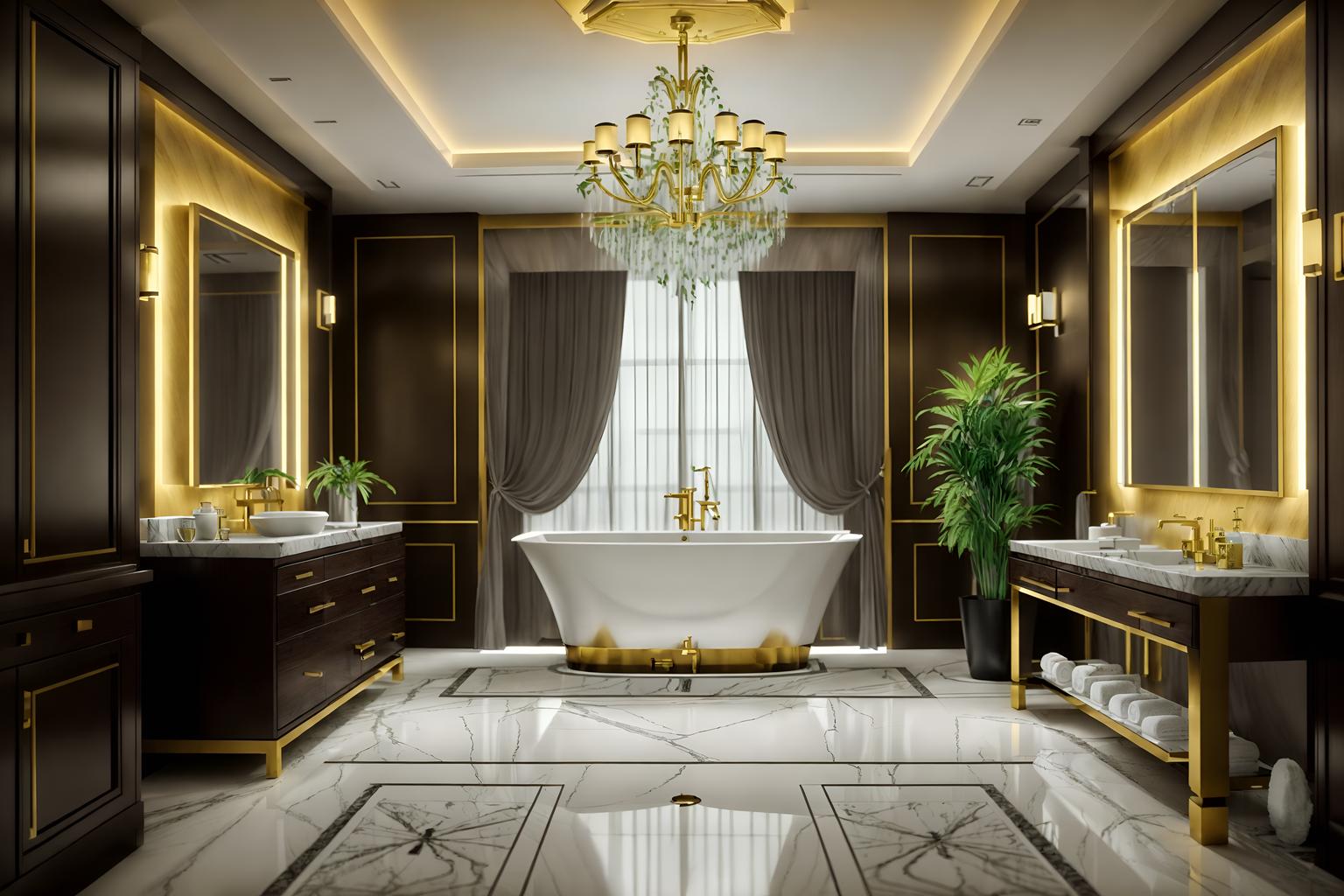 luxury-style (hotel bathroom interior) with plant and toilet seat and shower and bathroom sink with faucet and bathtub and waste basket and bathroom cabinet and mirror. . . cinematic photo, highly detailed, cinematic lighting, ultra-detailed, ultrarealistic, photorealism, 8k. luxury interior design style. masterpiece, cinematic light, ultrarealistic+, photorealistic+, 8k, raw photo, realistic, sharp focus on eyes, (symmetrical eyes), (intact eyes), hyperrealistic, highest quality, best quality, , highly detailed, masterpiece, best quality, extremely detailed 8k wallpaper, masterpiece, best quality, ultra-detailed, best shadow, detailed background, detailed face, detailed eyes, high contrast, best illumination, detailed face, dulux, caustic, dynamic angle, detailed glow. dramatic lighting. highly detailed, insanely detailed hair, symmetrical, intricate details, professionally retouched, 8k high definition. strong bokeh. award winning photo.