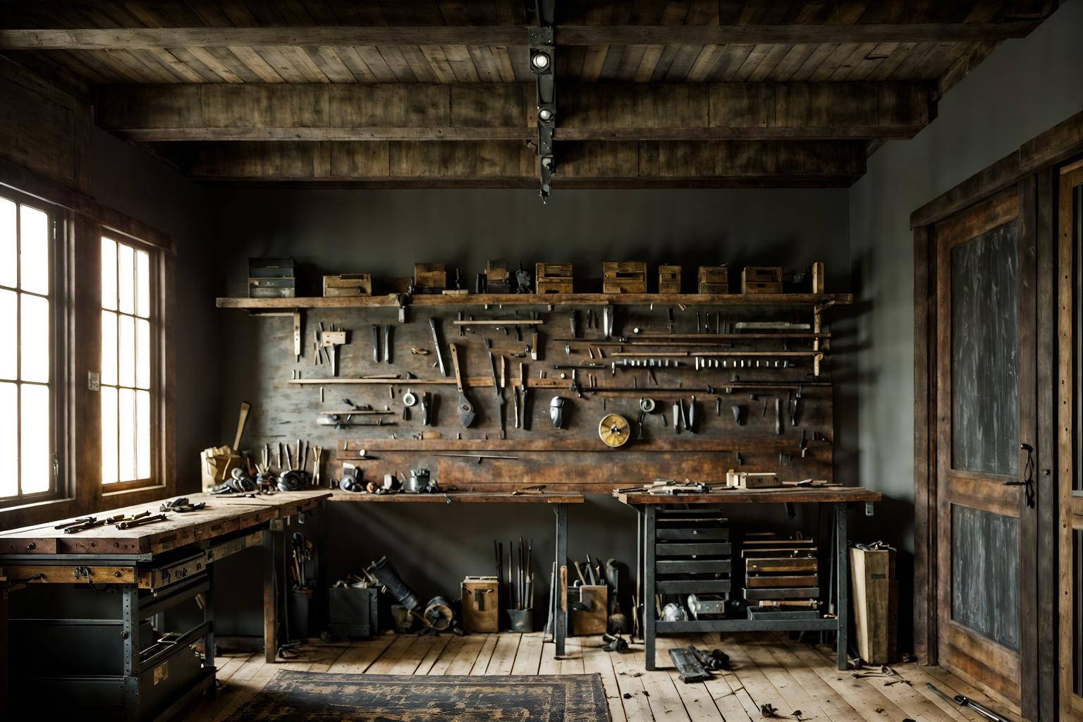 luxury-style (workshop interior) with tool wall and messy and wooden workbench and tool wall. . . cinematic photo, highly detailed, cinematic lighting, ultra-detailed, ultrarealistic, photorealism, 8k. luxury interior design style. masterpiece, cinematic light, ultrarealistic+, photorealistic+, 8k, raw photo, realistic, sharp focus on eyes, (symmetrical eyes), (intact eyes), hyperrealistic, highest quality, best quality, , highly detailed, masterpiece, best quality, extremely detailed 8k wallpaper, masterpiece, best quality, ultra-detailed, best shadow, detailed background, detailed face, detailed eyes, high contrast, best illumination, detailed face, dulux, caustic, dynamic angle, detailed glow. dramatic lighting. highly detailed, insanely detailed hair, symmetrical, intricate details, professionally retouched, 8k high definition. strong bokeh. award winning photo.