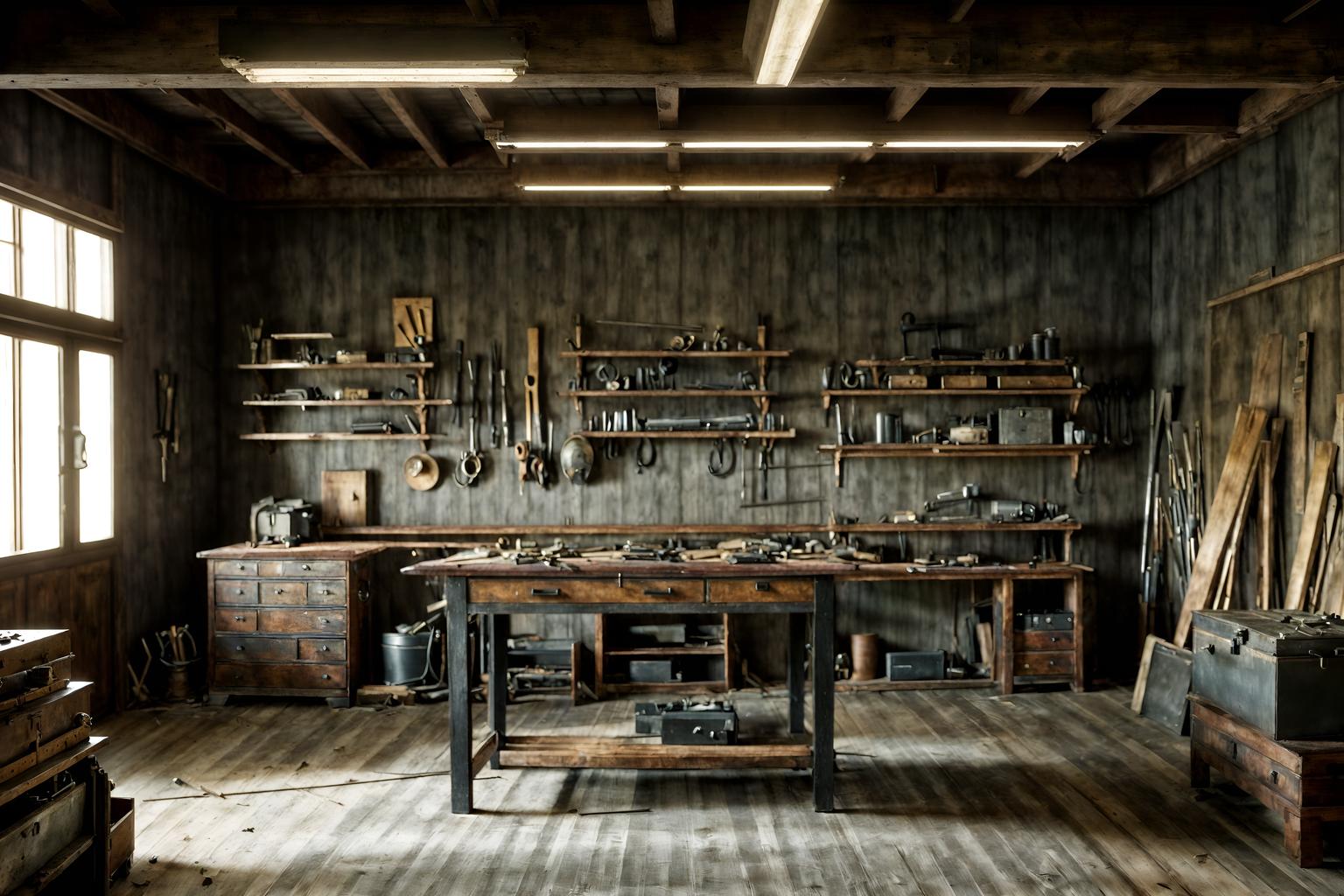 luxury-style (workshop interior) with tool wall and messy and wooden workbench and tool wall. . . cinematic photo, highly detailed, cinematic lighting, ultra-detailed, ultrarealistic, photorealism, 8k. luxury interior design style. masterpiece, cinematic light, ultrarealistic+, photorealistic+, 8k, raw photo, realistic, sharp focus on eyes, (symmetrical eyes), (intact eyes), hyperrealistic, highest quality, best quality, , highly detailed, masterpiece, best quality, extremely detailed 8k wallpaper, masterpiece, best quality, ultra-detailed, best shadow, detailed background, detailed face, detailed eyes, high contrast, best illumination, detailed face, dulux, caustic, dynamic angle, detailed glow. dramatic lighting. highly detailed, insanely detailed hair, symmetrical, intricate details, professionally retouched, 8k high definition. strong bokeh. award winning photo.